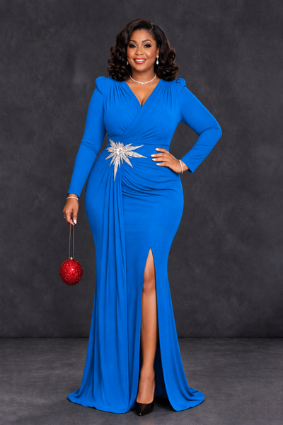 BOLODOO Blue Plus Size Long Sleeve V-Neck Mother of the Bride Dress with Slit - Blue - Blue_1