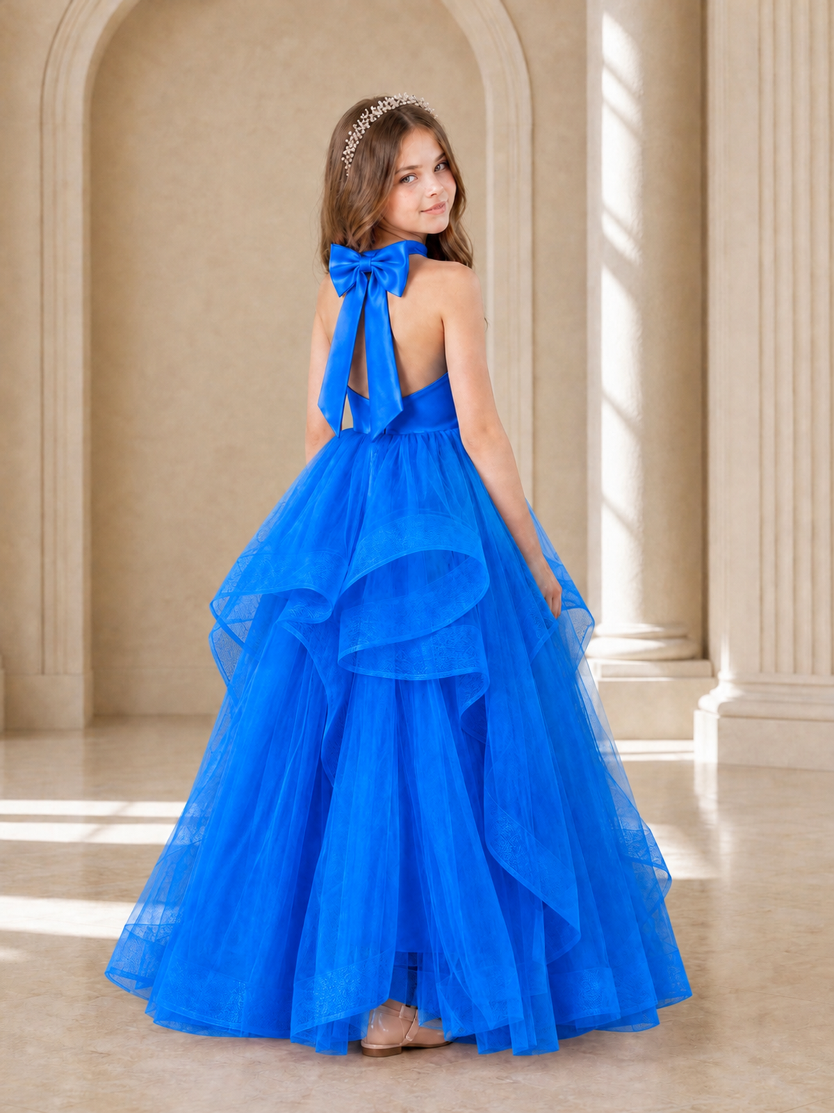 BOLODOO Blue Halter Tiered Tulle Flower Girl Dress with Bow Back - Blue - Blue_1