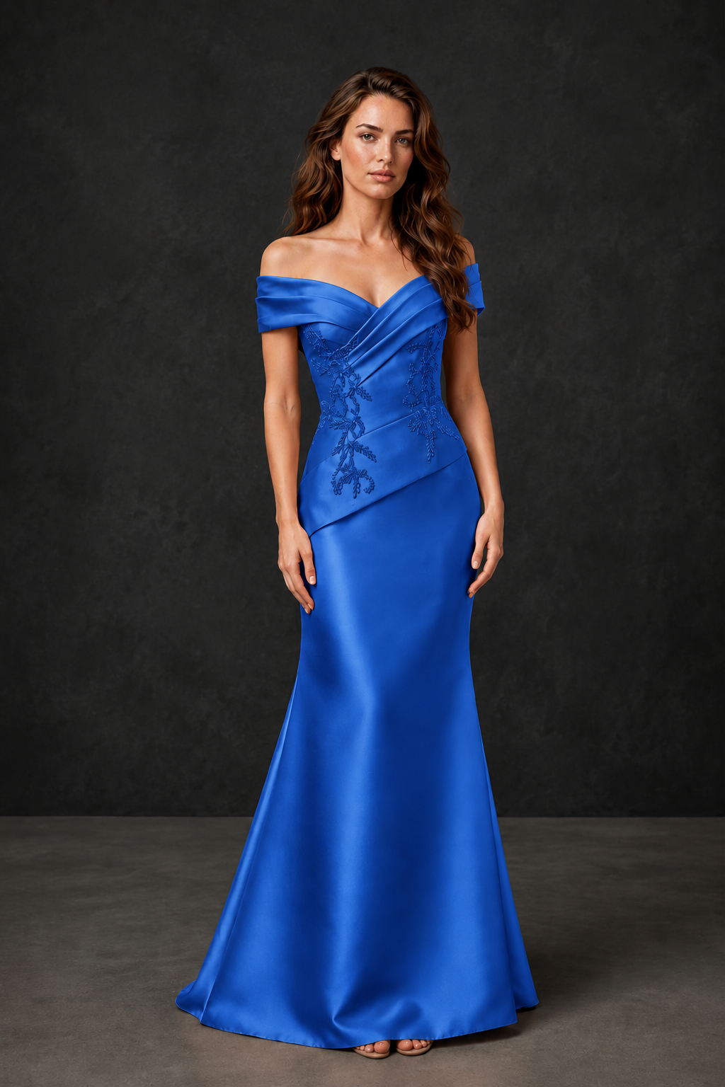 BOLODOO Blue Satin Off-Shoulder Sweetheart Asymmetric Peplum Mermaid Gown with Blue Floral Embroidery | MOB Evening Dress - Blue