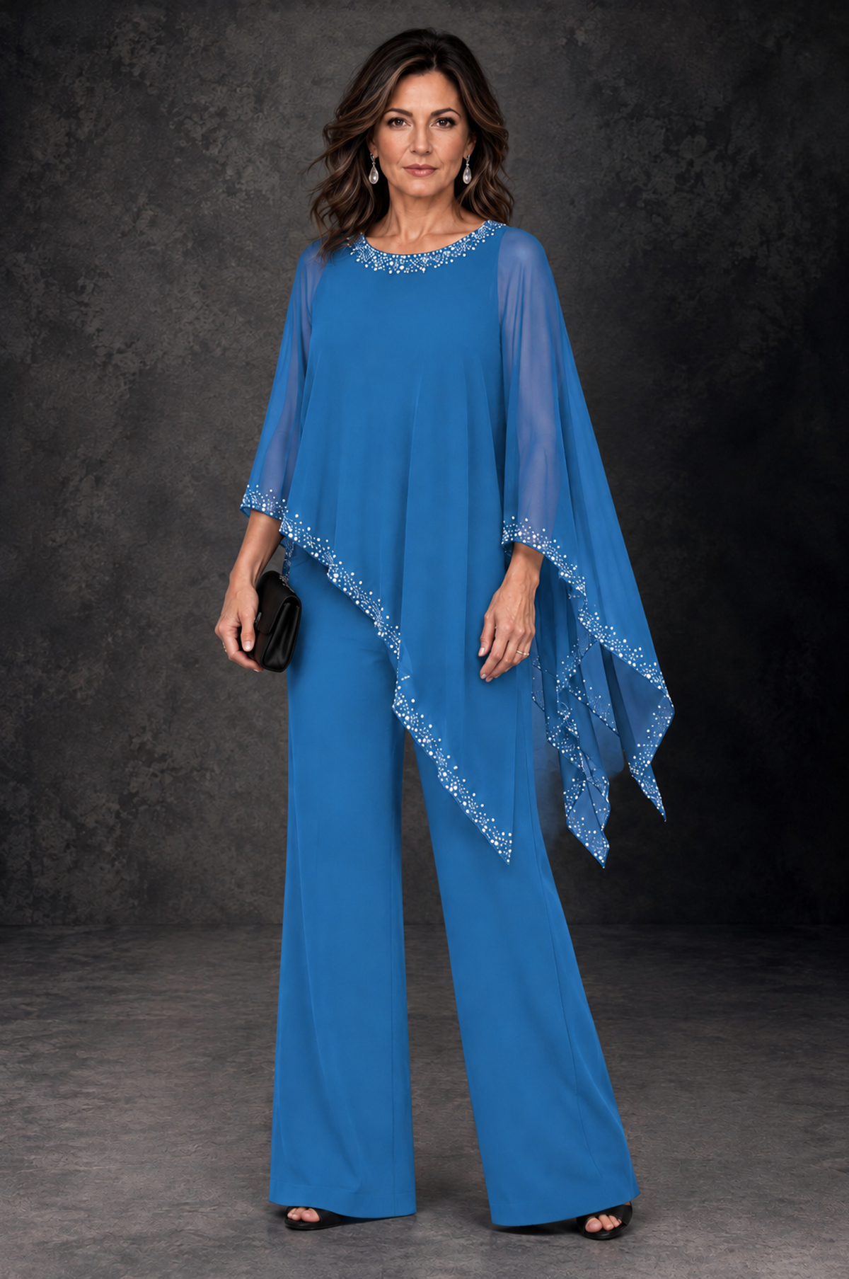 BOLODOO Blue Embellished Cape Mother of the Bride Pantsuit - Blue - Blue_1