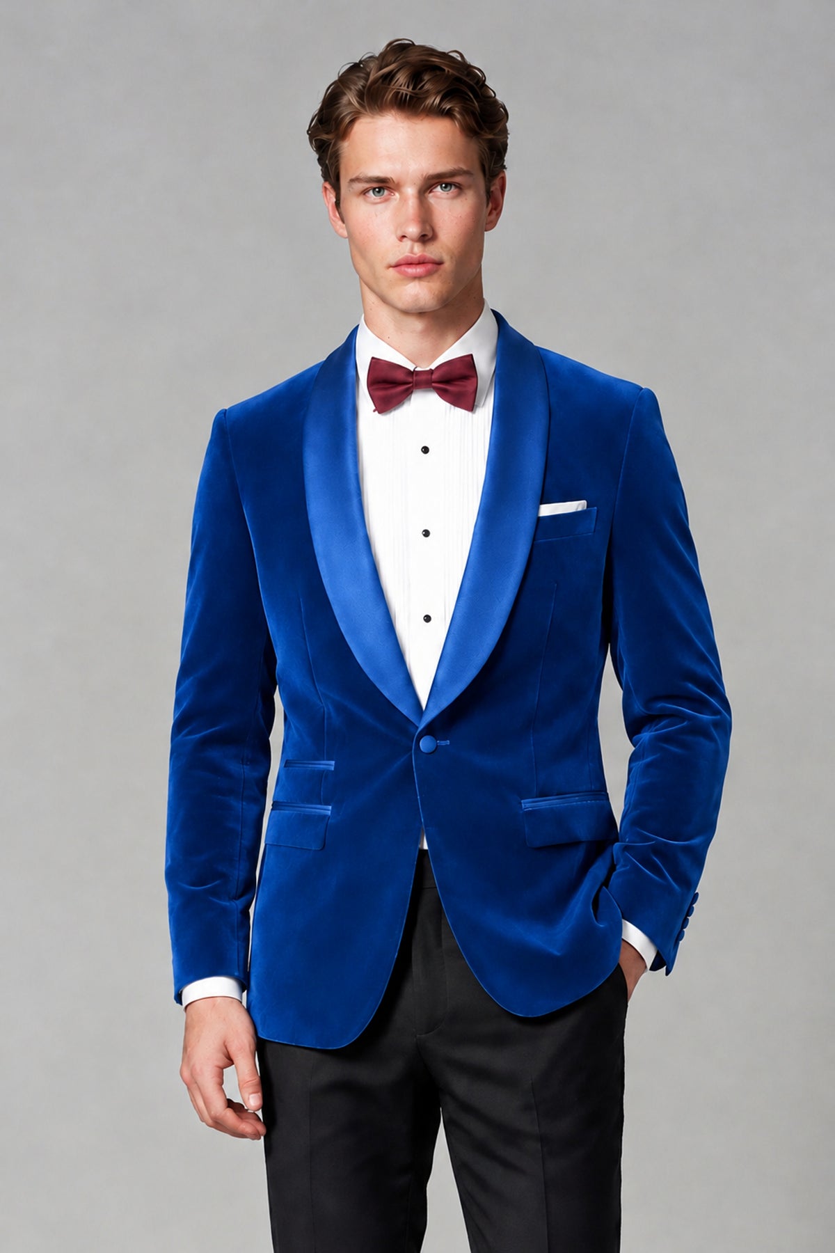 BOLODOO Men's Blue Velvet Blazer | Shawl Lapel Tuxedo Jacket - Blue - Blue_1