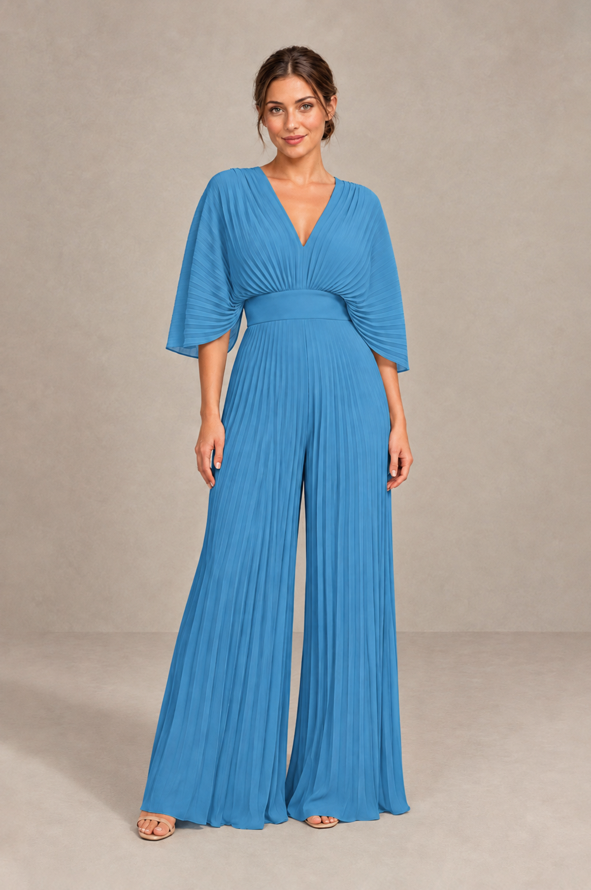 BOLODOO Blue Pleated Wide-Leg Mother of Bride Pantsuit with V-Neck Chiffon Maxi Gown - Blue - Blue_1