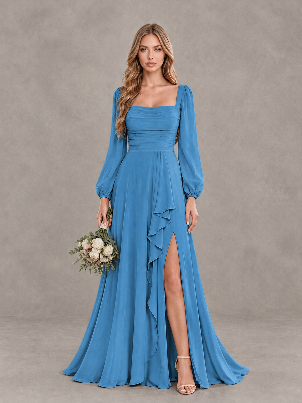 BOLODOO Blue Square Neck Long Sleeve Bridesmaid Dress with Ruffle Slit - Blue - Blue_1