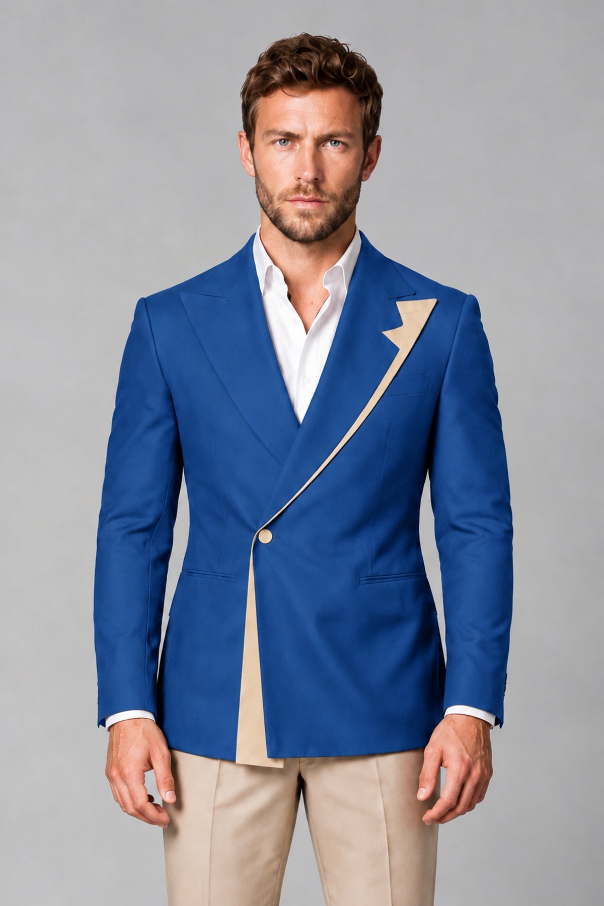 BOLODOO Men's Blue Double-Breasted Blazer & Khaki Trousers Tuxedo 2-Piece Suit Set - Blue - Blue_1