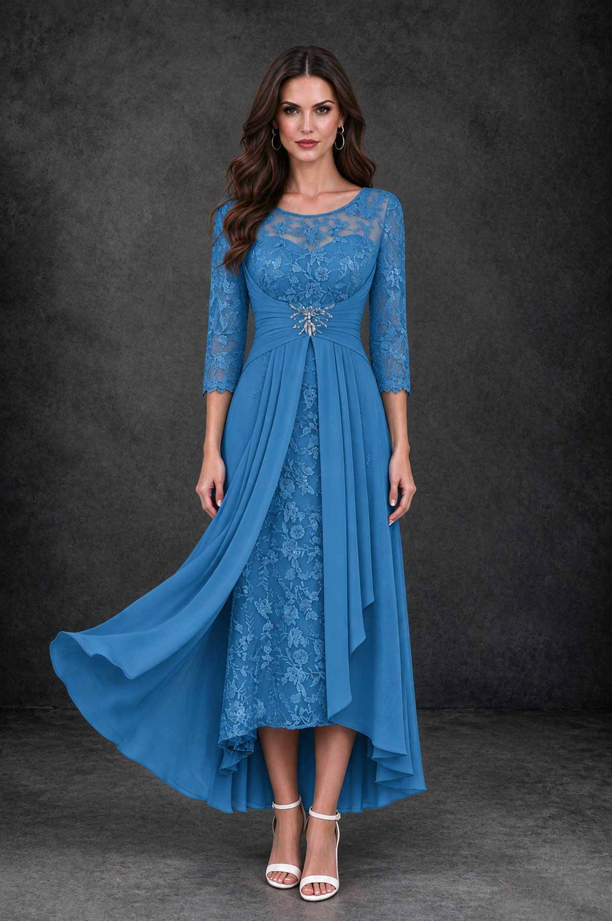 BOLODOO Blue Sequin Lace & Chiffon Tea-Length Mother of the Bride Dress with 3/4 Sleeves - Blue - Blue_1