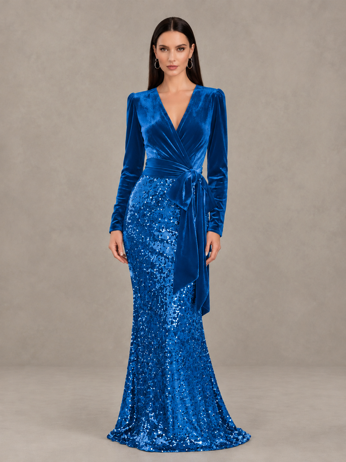 BOLODOO Blue Velvet & Sequin Long Sleeve V-Neck Mermaid Evening Gown - Blue - Blue_1