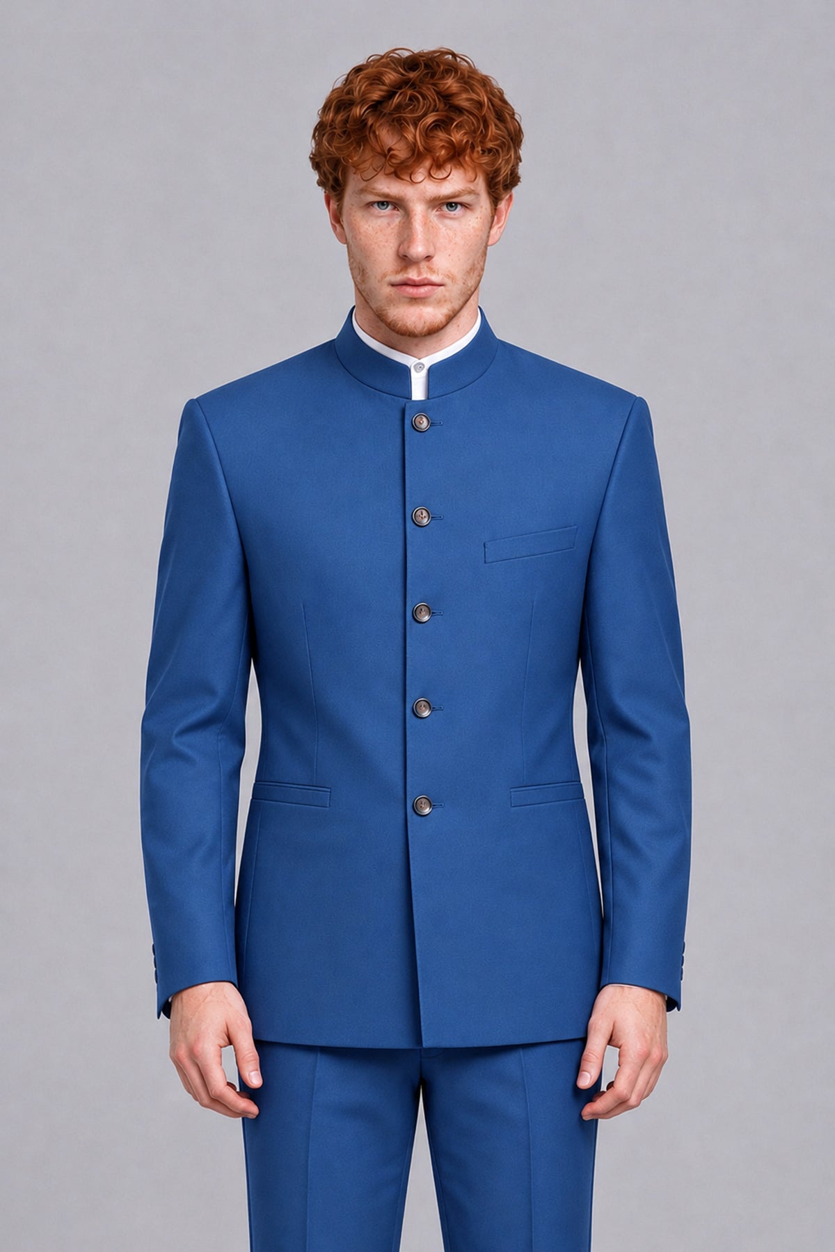 BOLODOO Men's Blue Mandarin Collar Two-Piece Suit - Blue - Blue_1