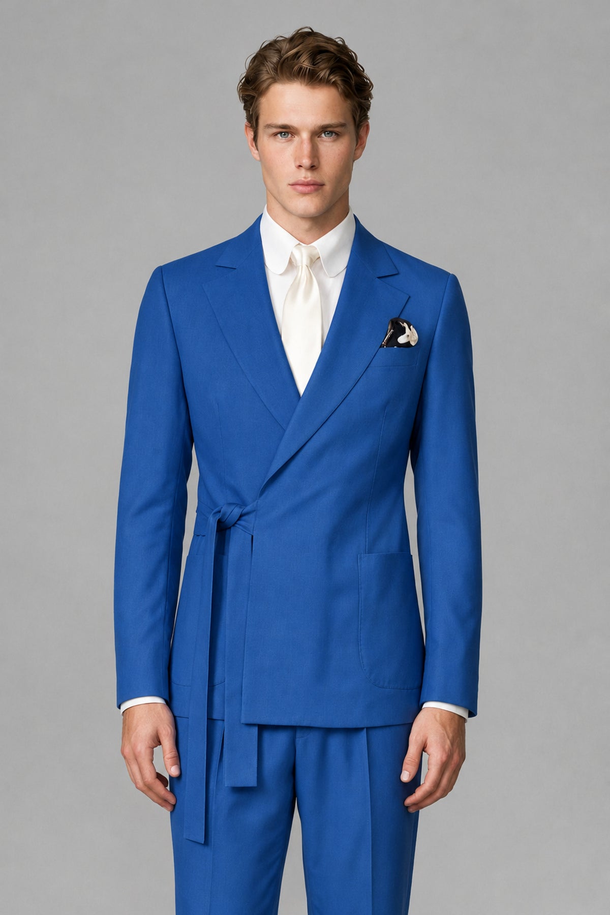 Bolodoo Men's Blue Wrap Tie-Waist Two-Piece Suit – Jacket & Trousers - Blue - Blue_1