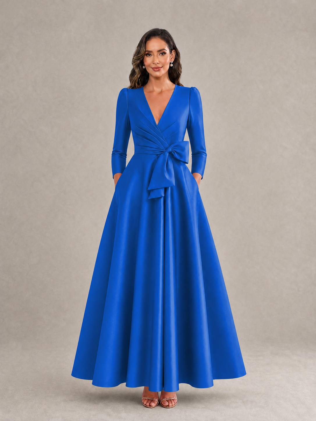 BOLODOO Blue Satin Deep V-Neck Wrap 3/4 Puff Sleeve A-Line Ball Gown Maxi Dress with Oversized Bow Belt - Blue