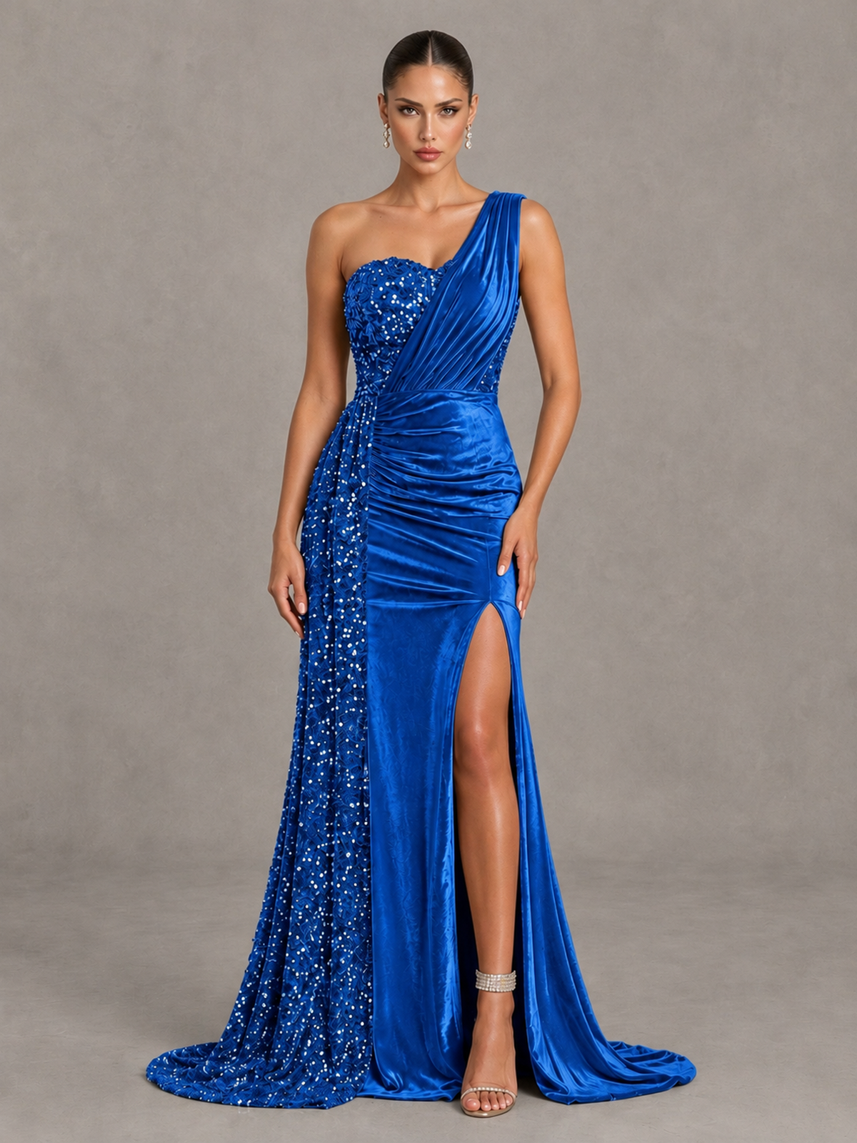 BOLODOO Blue One-Shoulder Satin Sequin Gown with High Slit - Blue - Blue_1
