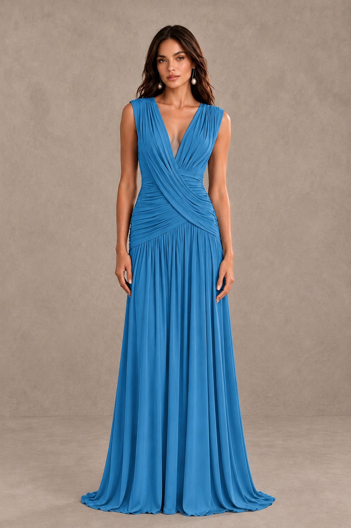 BOLODOO Blue V-Neck Ruched Wedding Guest Dress - Blue - Blue_1
