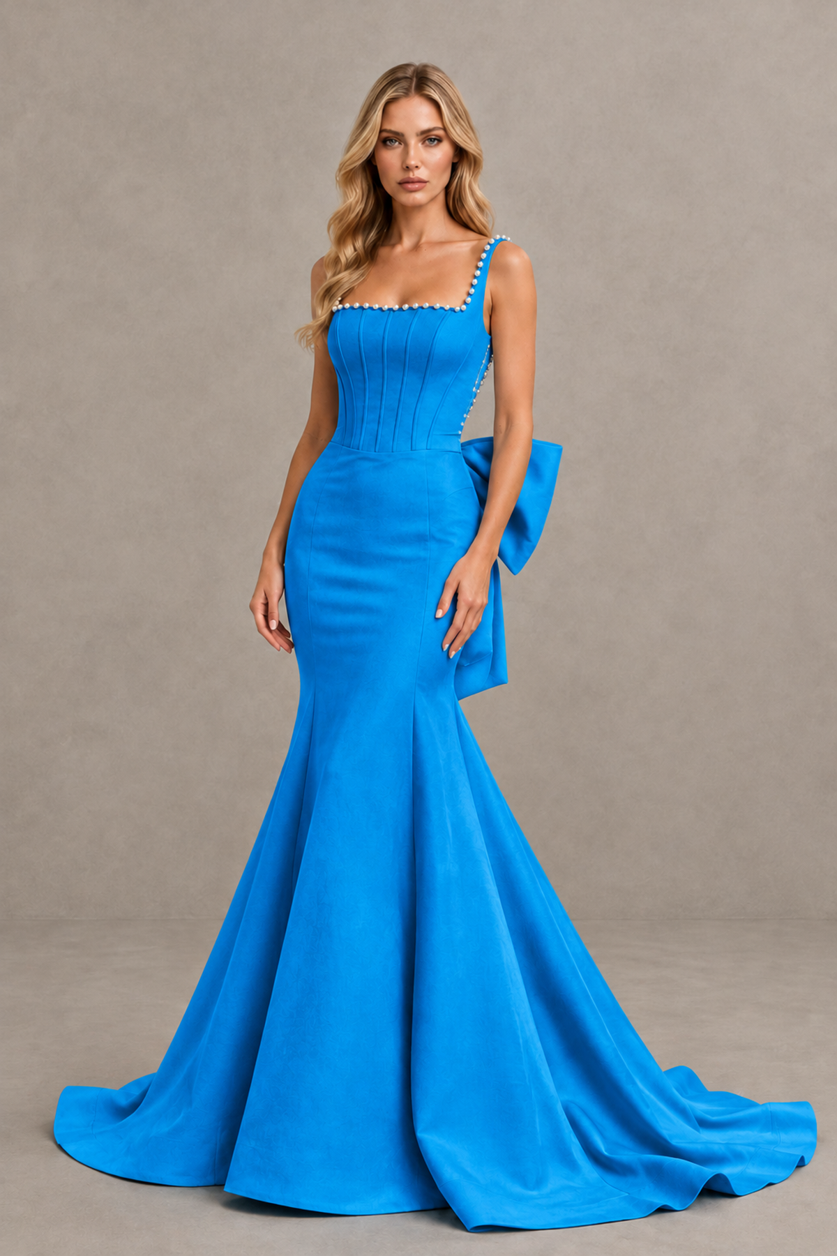BOLODOO Blue Pearl-Trim Mermaid Prom Dress with Back Bow - Blue - Blue_1