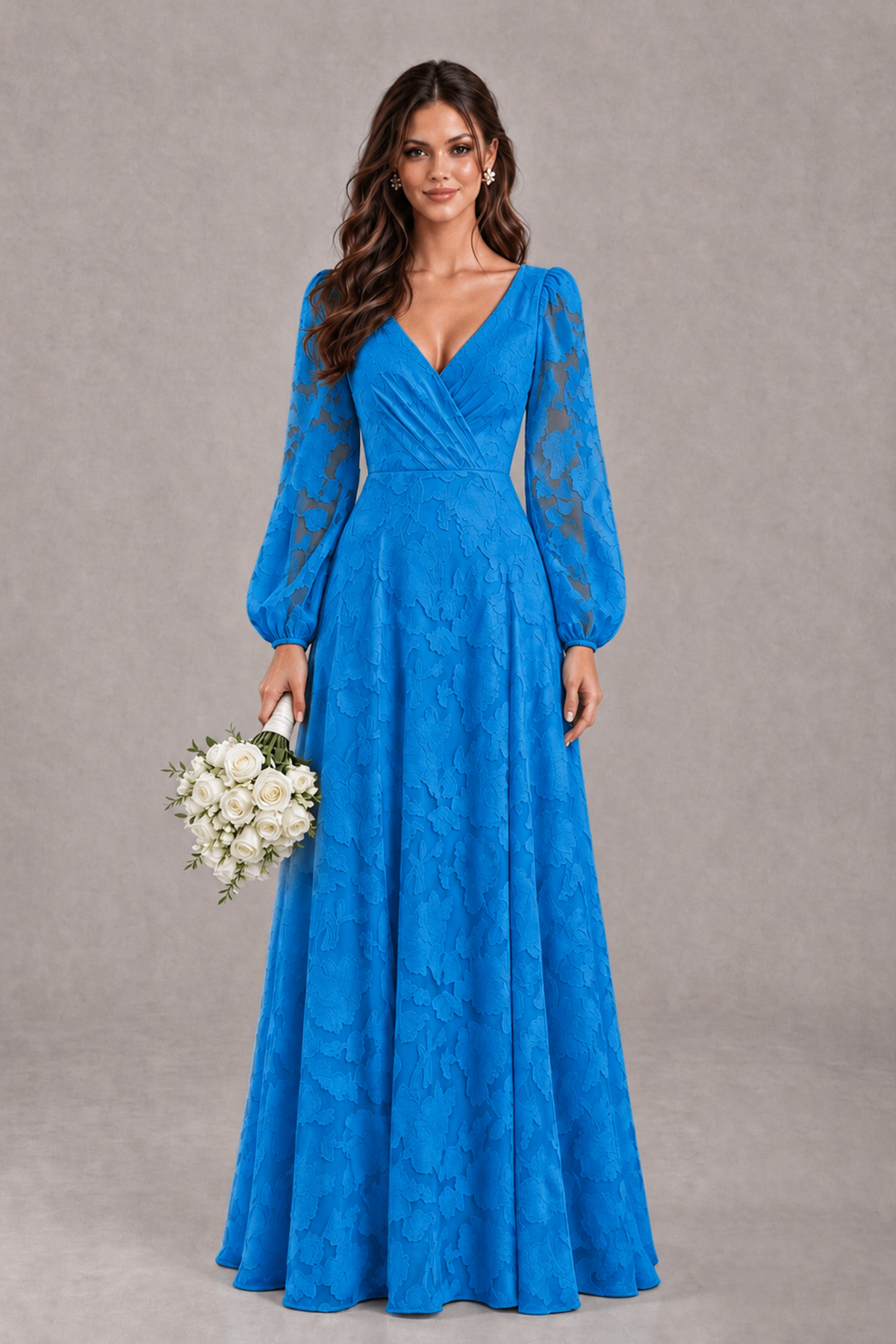 BOLODOO Blue Long Sleeve V-Neck A-Line Mother of the Bride Dress - Blue - Blue_1