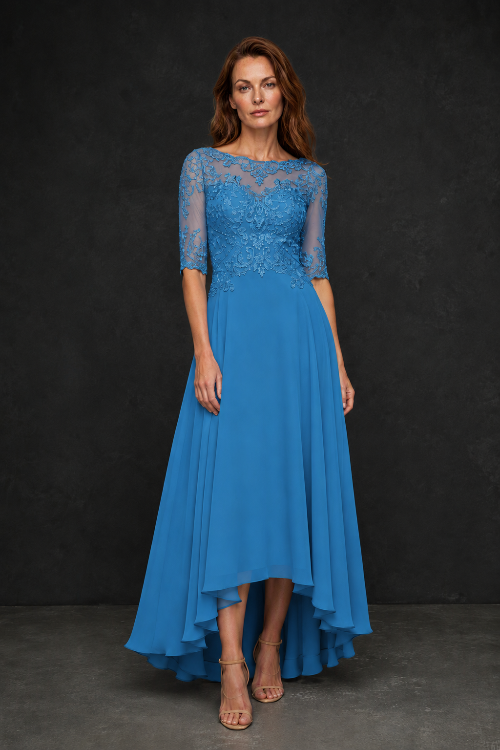 BOLODOO Blue Illusion Lace 3/4 Sleeve Hi-Lo Chiffon A-Line Dress | Mother of the Bride Tea Length Dress - Blue