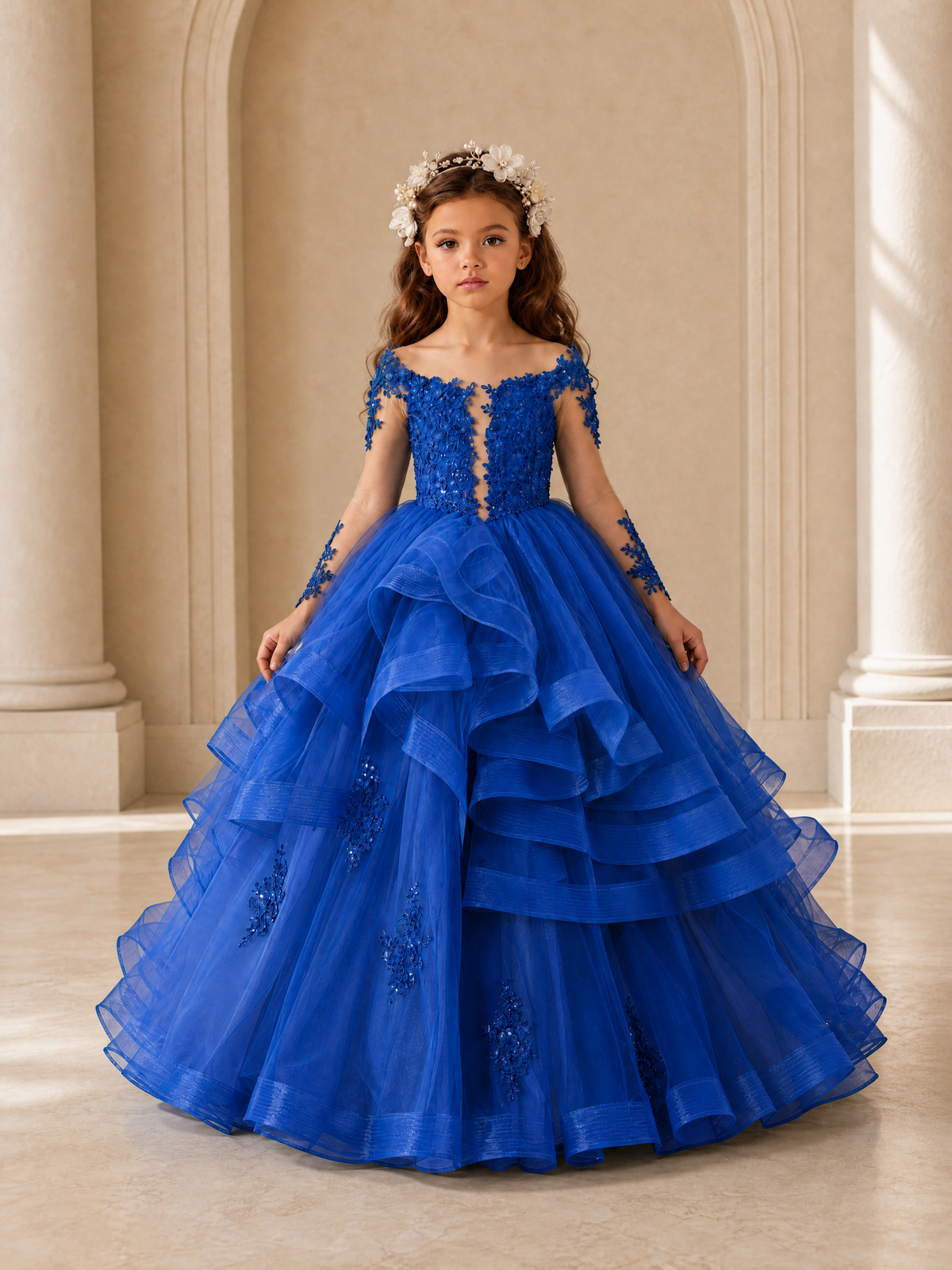 BOLODOO Blue Lace Long Sleeve Tiered Flower Girl Dress - Blue - Blue_1