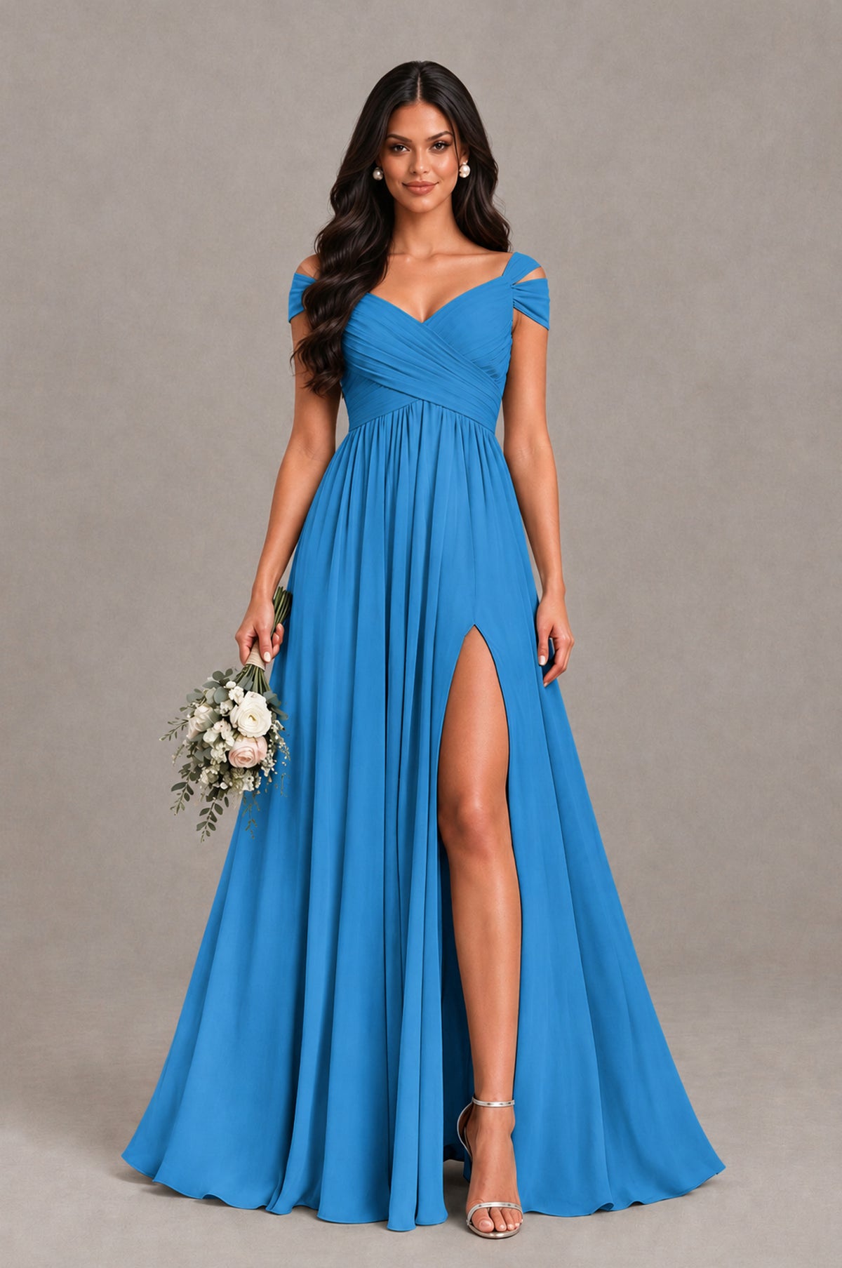 BOLODOO Blue Cold Shoulder Chiffon Evening Dress with V Neck and High Slit - Blue - Blue_1