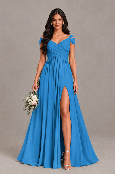 BOLODOO Blue Cold Shoulder Chiffon Evening Dress with V Neck and High Slit - Blue - Blue_1