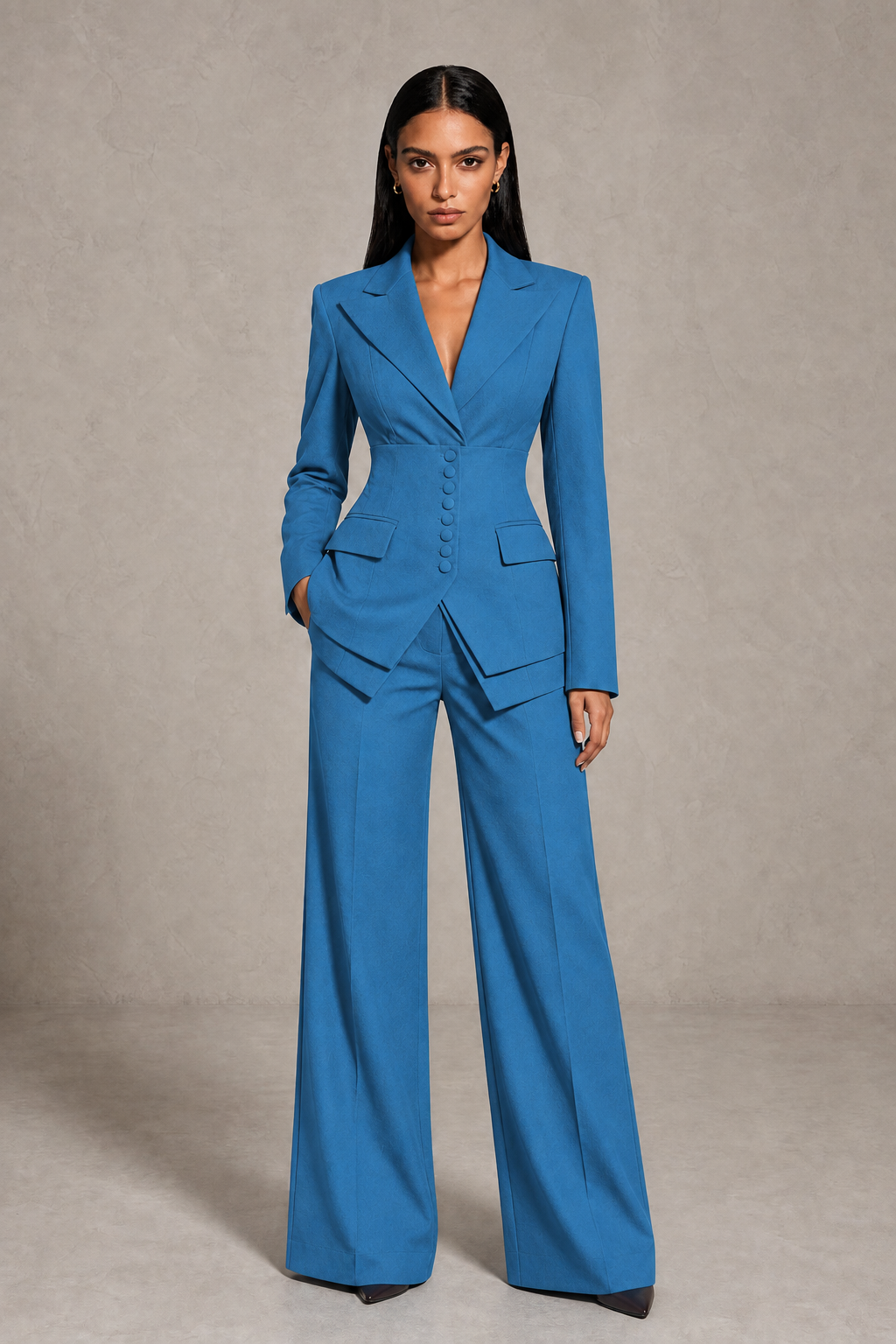 BOLODOO Blue Cinched Waist Blazer and Wide Leg Pants Two Piece Suit Set - Blue