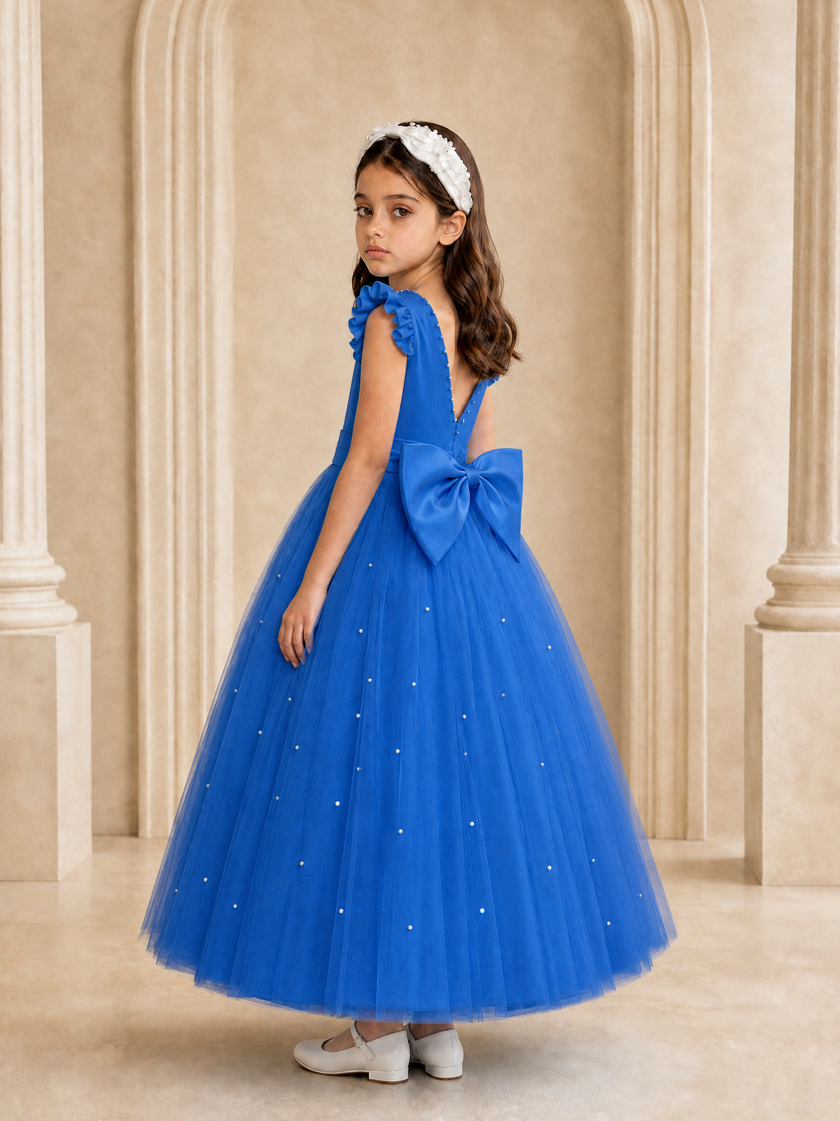 BOLODOO Blue Tulle Flower Girl Dress with Ruffle Sleeves & Bow Back - Blue - Blue_1