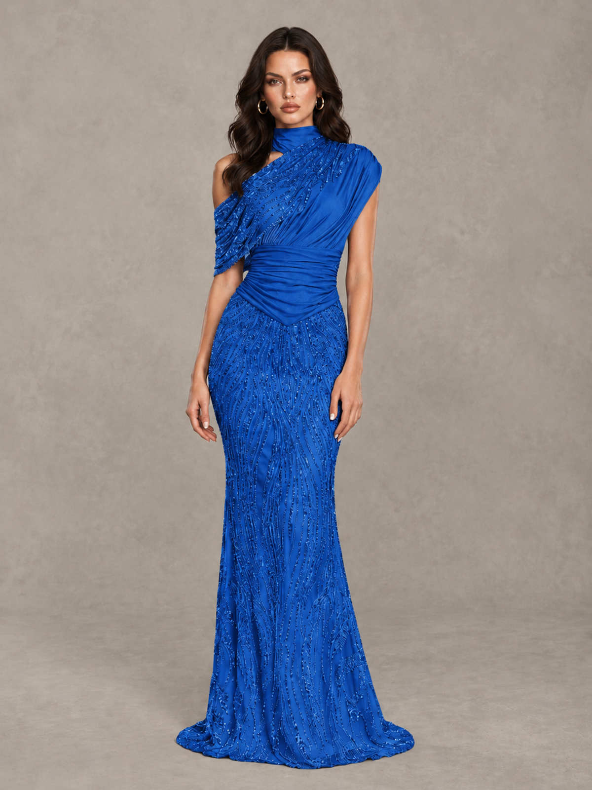 BOLODOO Blue High Neck Draped Sequin Mermaid Evening Gown - Blue - Blue_1