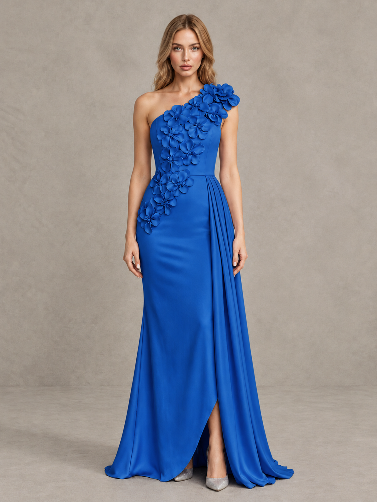 BOLODOO Blue One-Shoulder Satin Mermaid Evening Gown with 3D Floral Appliqué - Blue - Blue_1