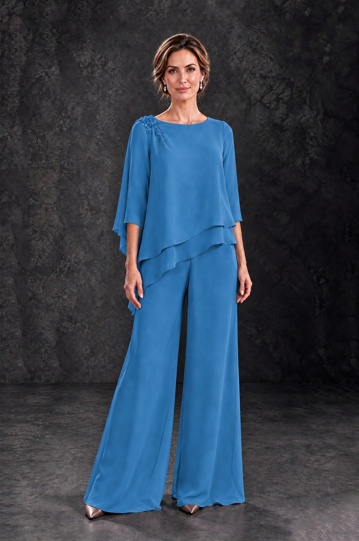 BOLODOO Blue Layered Wide-Leg Mother of the Bride Pant Suit - Blue - Blue_1