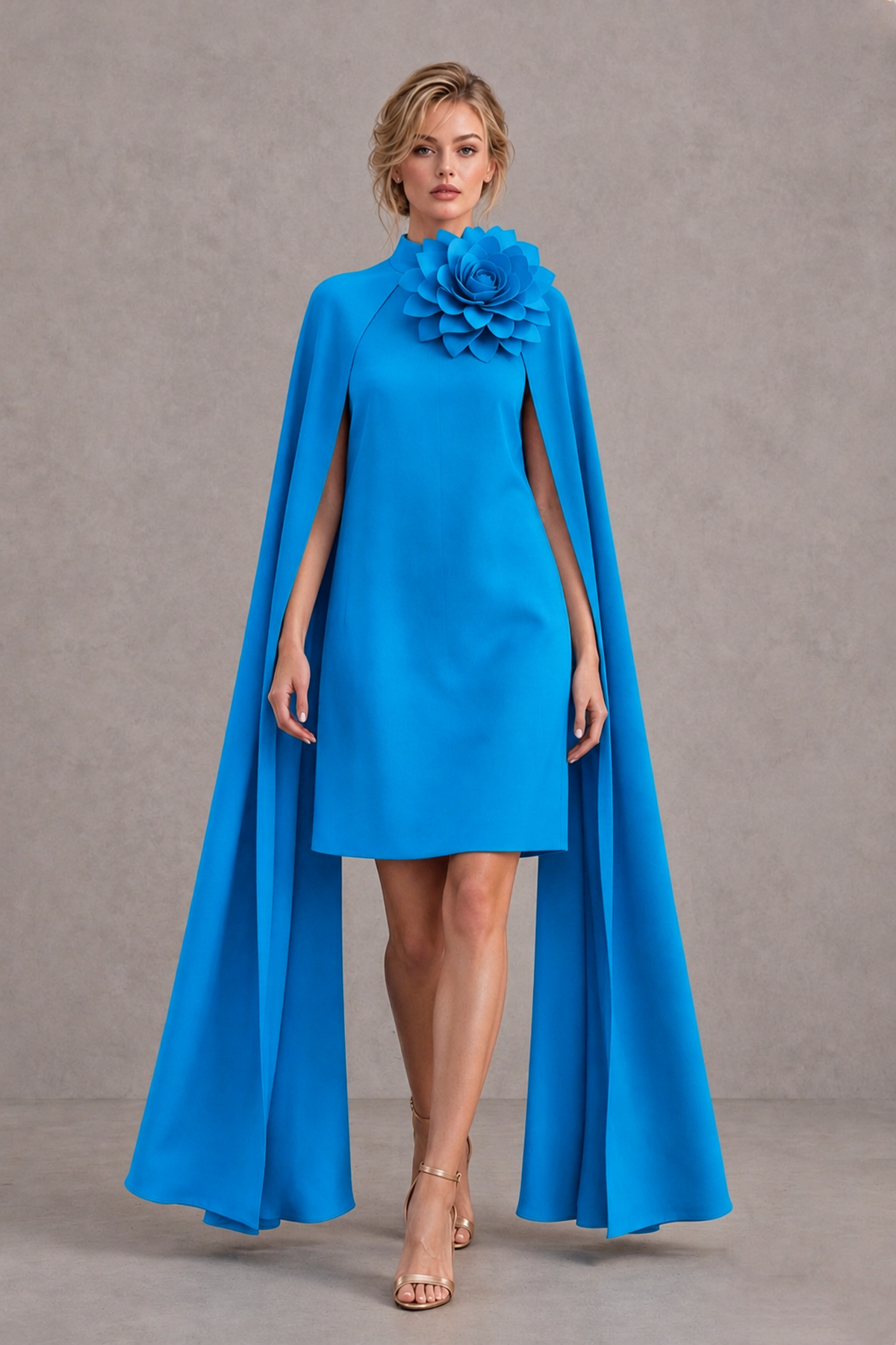 BOLODOO Blue High Neck Floral Cape Mini Cocktail Dress - Blue - Blue_1