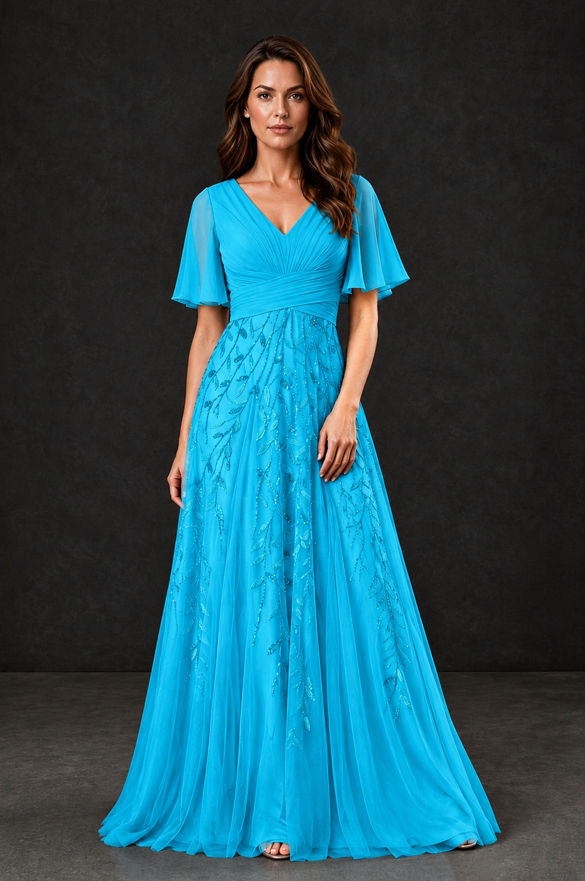 BOLODOO Blue V-Neck Flutter Sleeve Beaded Botanical Tulle A-Line Gown | Mother of the Bride Evening Dress - Blue - Blue_1