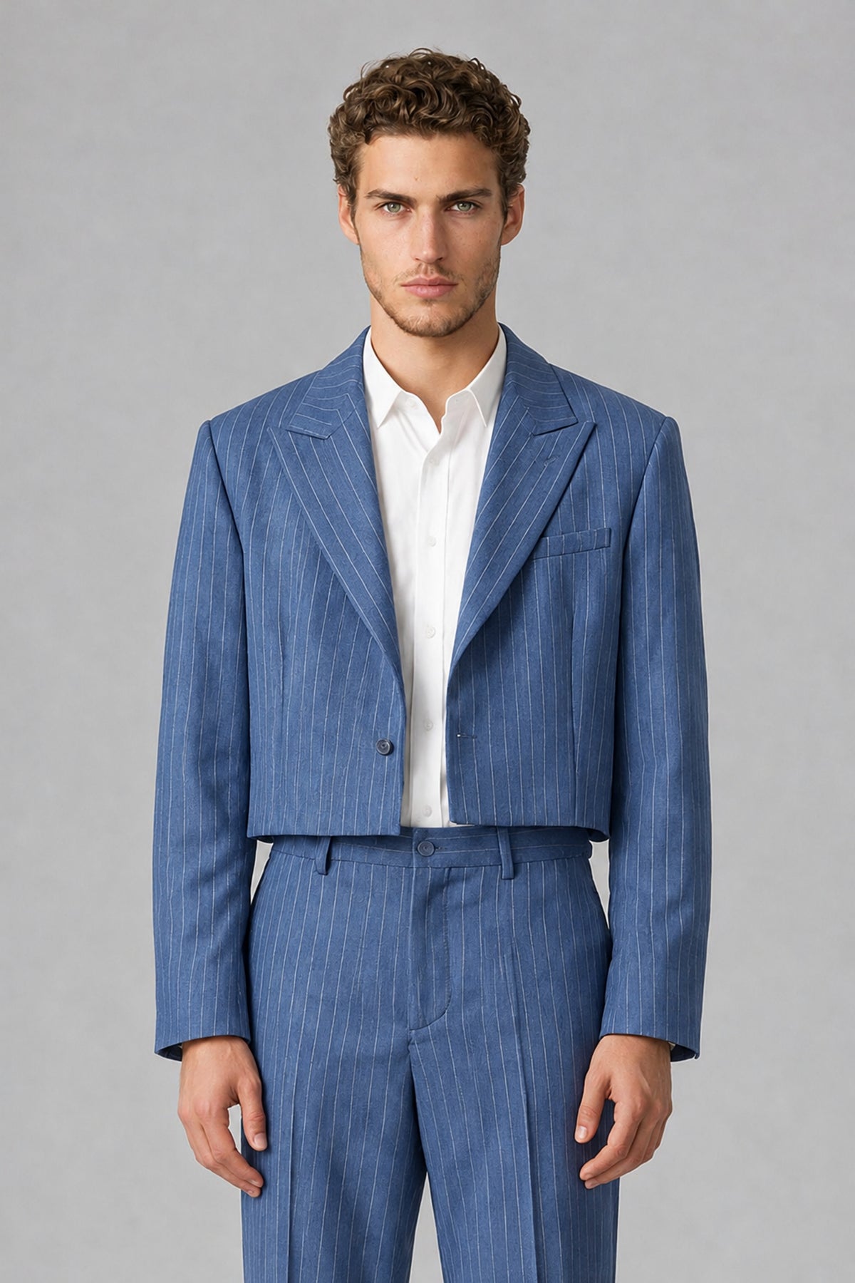 Bolodoo Men's Blue Pinstripe Two-Piece Suit with Cropped Blazer & Wide-Leg Trousers - Blue - Blue_1