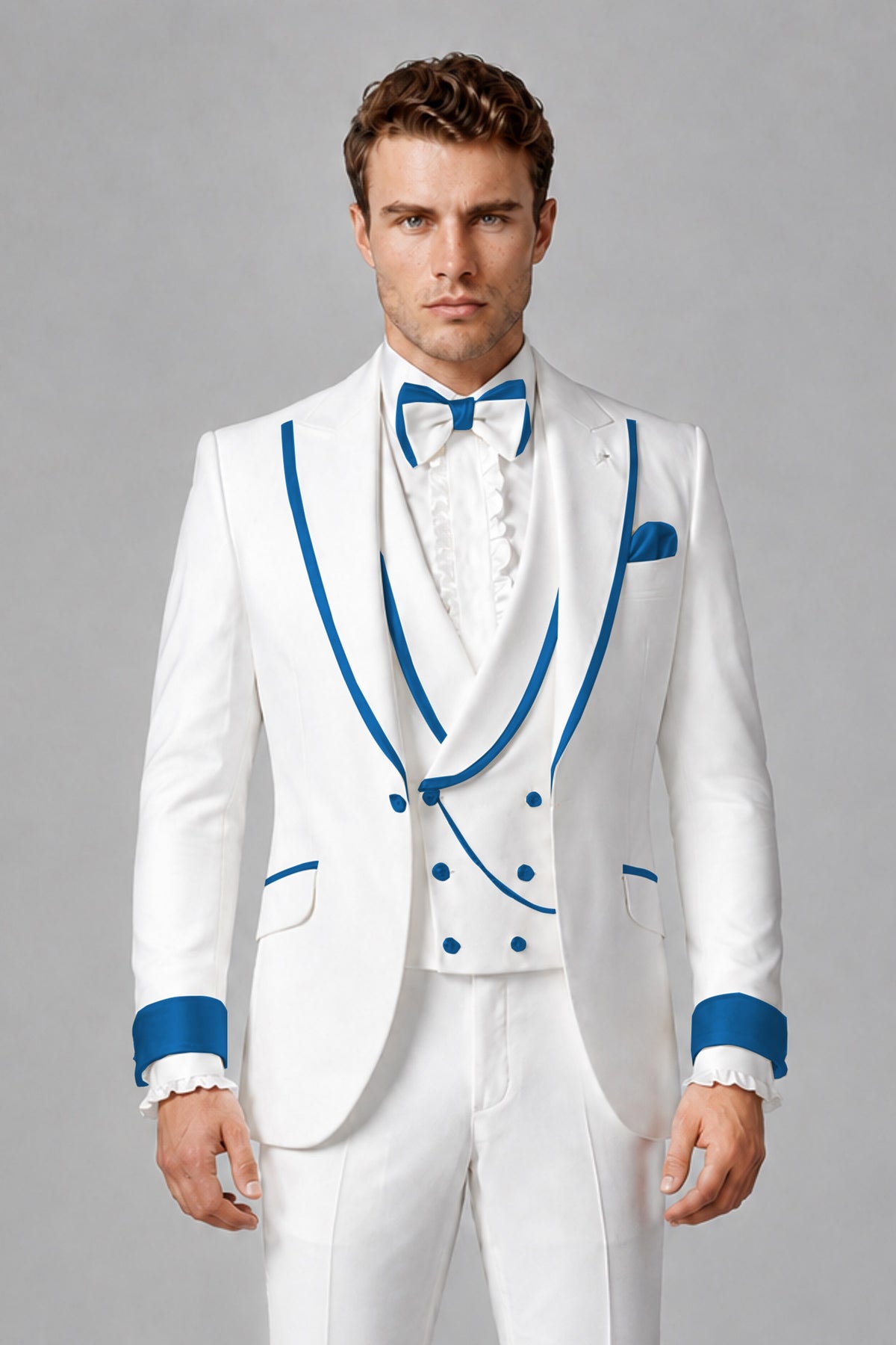 Bolodoo Men's White and Blue Three-Piece Wedding Tuxedo Suit - Blue - Blue_1