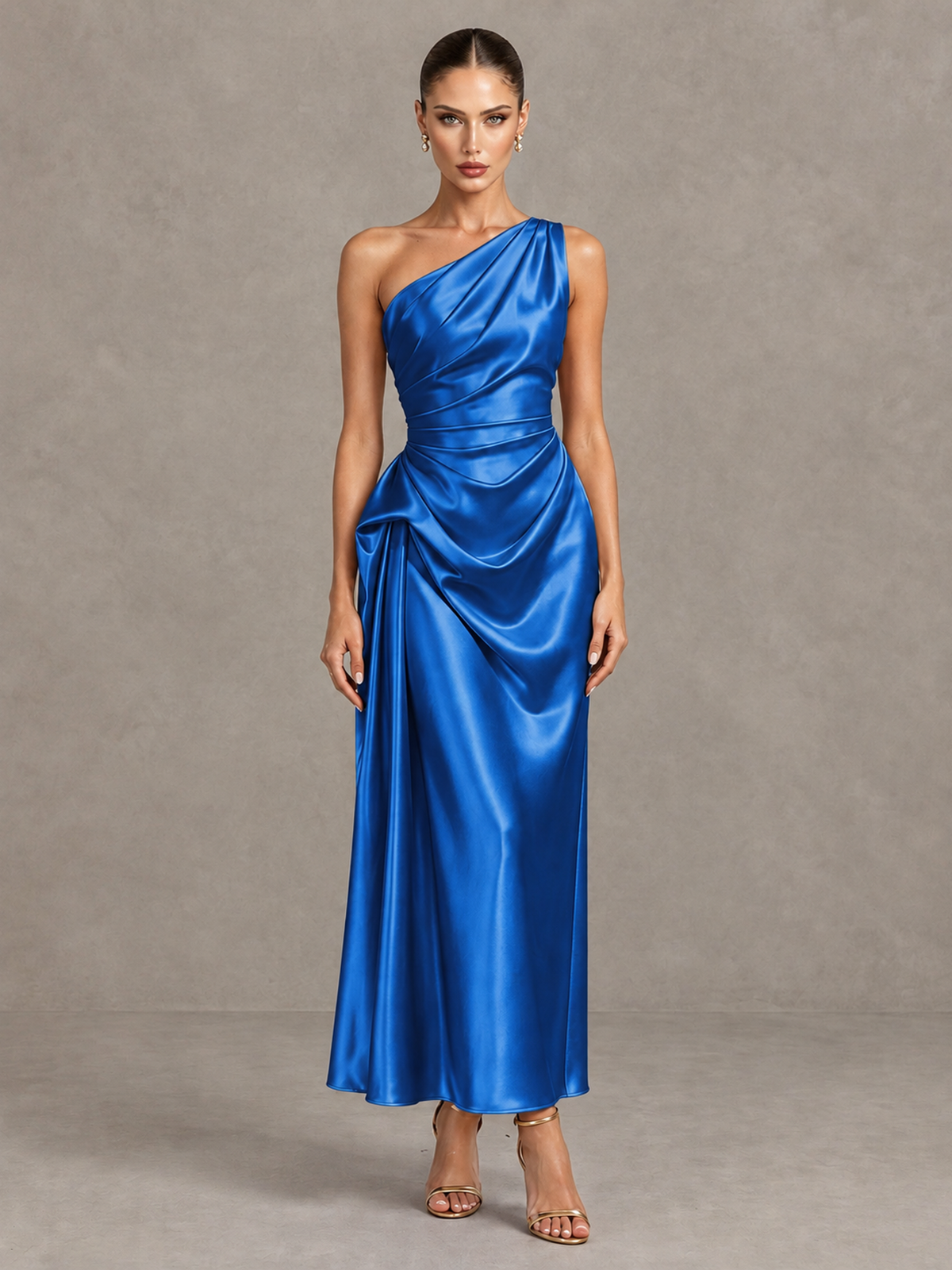 BOLODOO Blue One Shoulder Satin Cocktail Dress with Draped A-Line Skirt - Blue - Blue_1