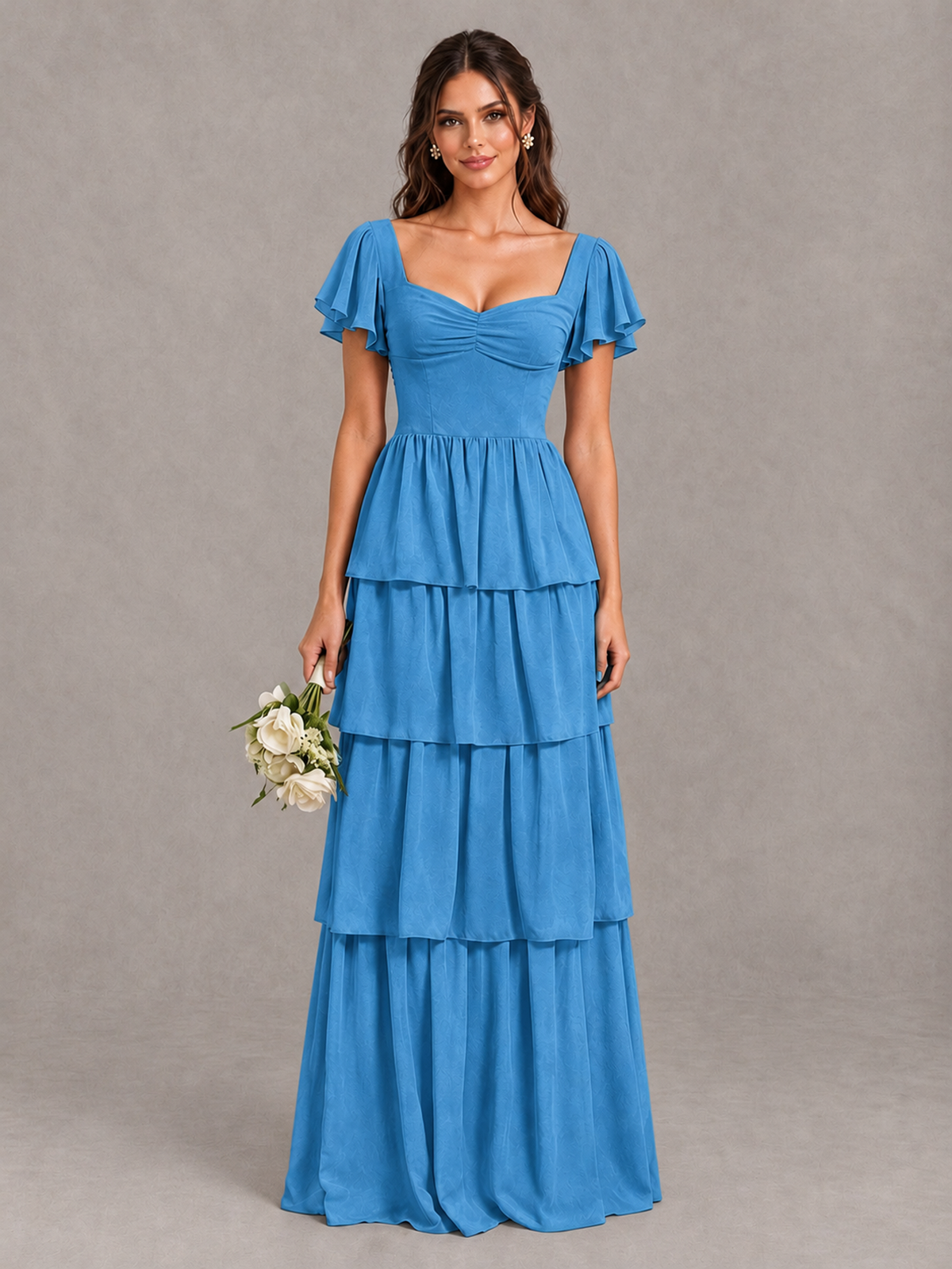 BOLODOO Blue Flutter Sleeve Tiered Maxi Bridesmaid Dress - Blue - Blue_1
