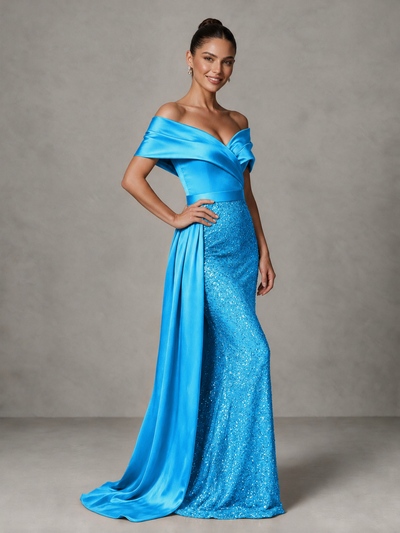 BOLODOO Blue Sequin Mermaid Evening Dress with Off-Shoulder Satin Drape and Sweep Train - Blue - Blue_1