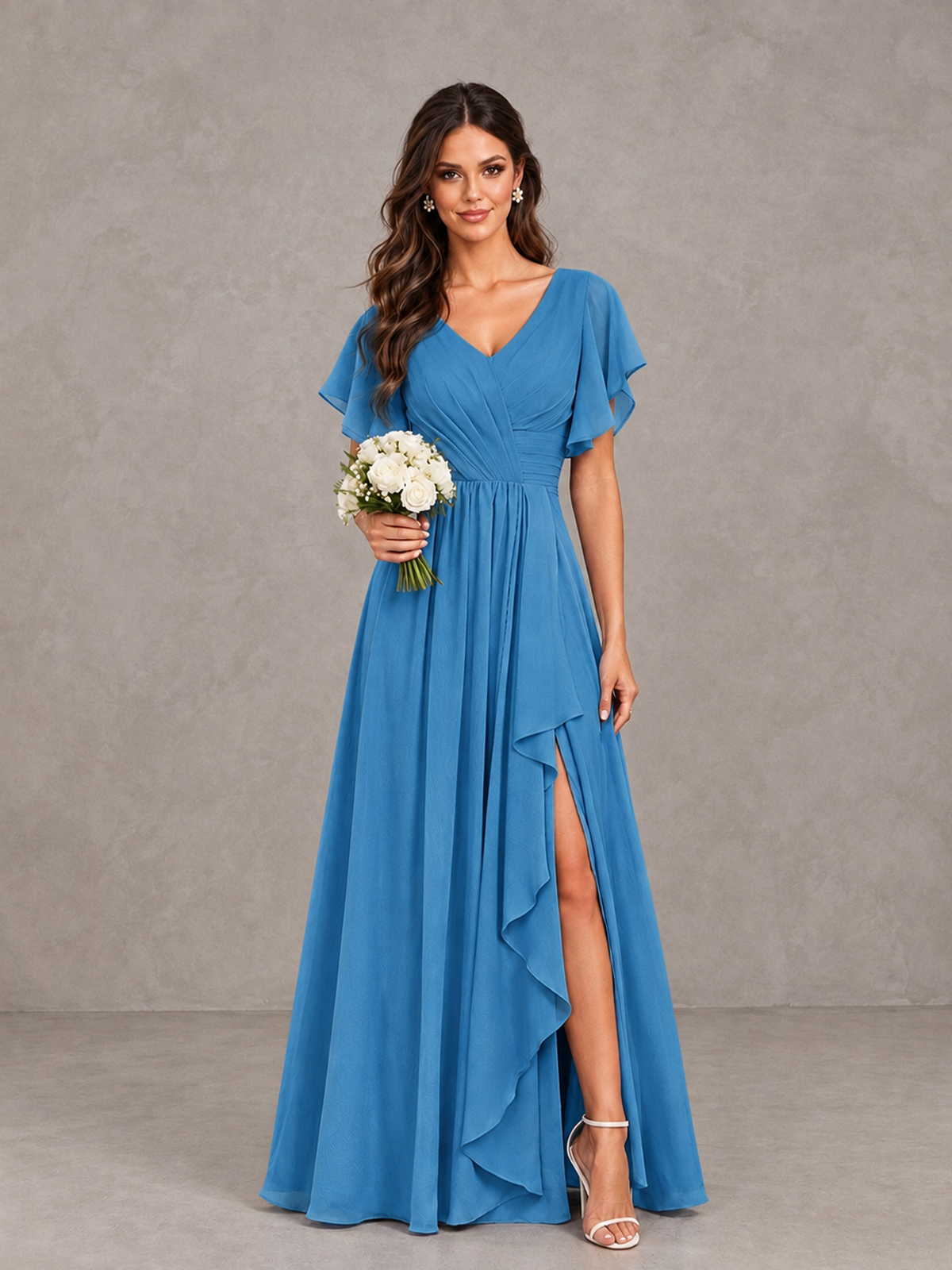 BOLODOO Blue Flutter Sleeve V-Neck Bridesmaid Dress with Ruffle Slit - Blue - Blue_1