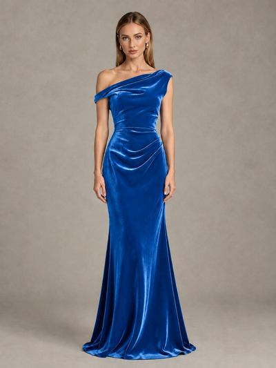 BOLODOO Blue One-Shoulder Velvet Mermaid Evening Gown - Blue - Blue_1