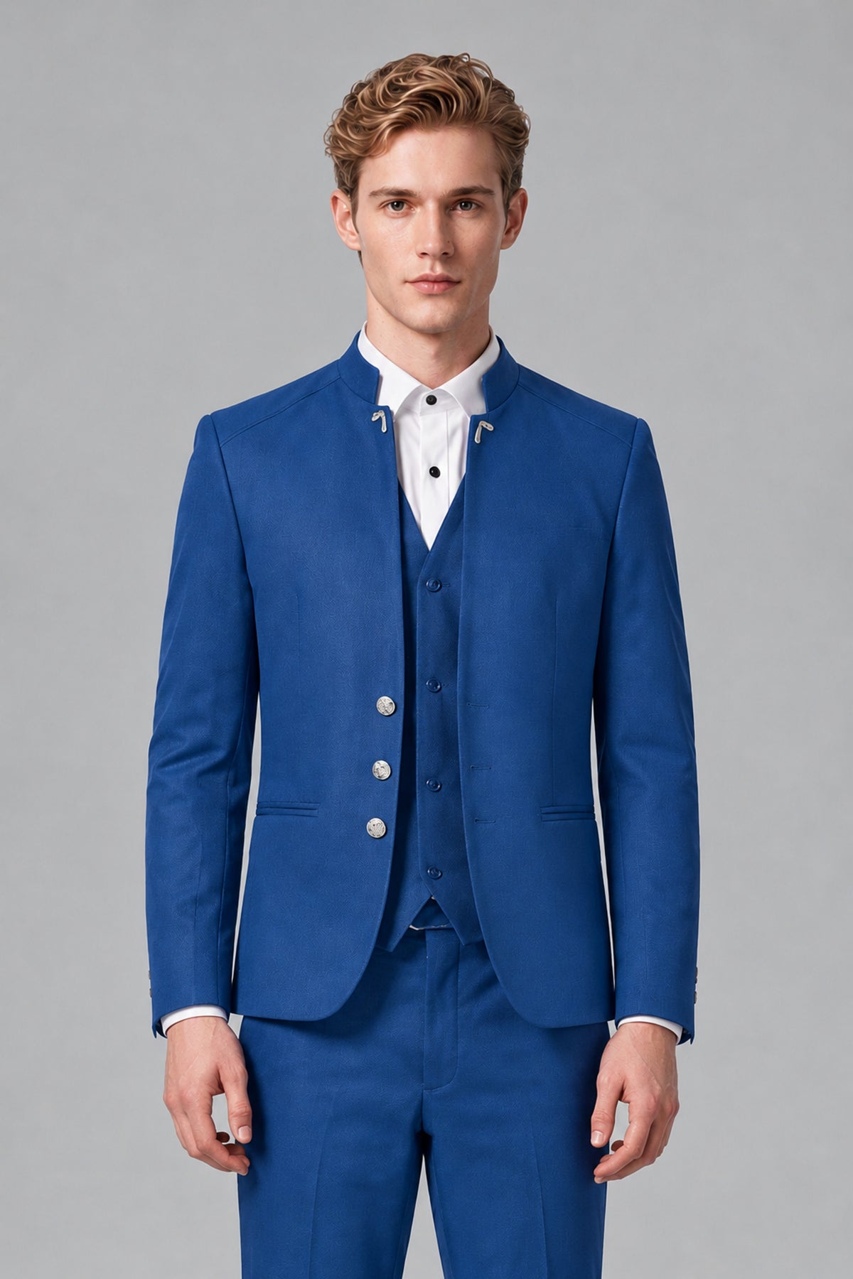 Bolodoo Men's Blue Mandarin Collar 3-Piece Suit – Jacket, Vest & Trousers - Blue - Blue_1