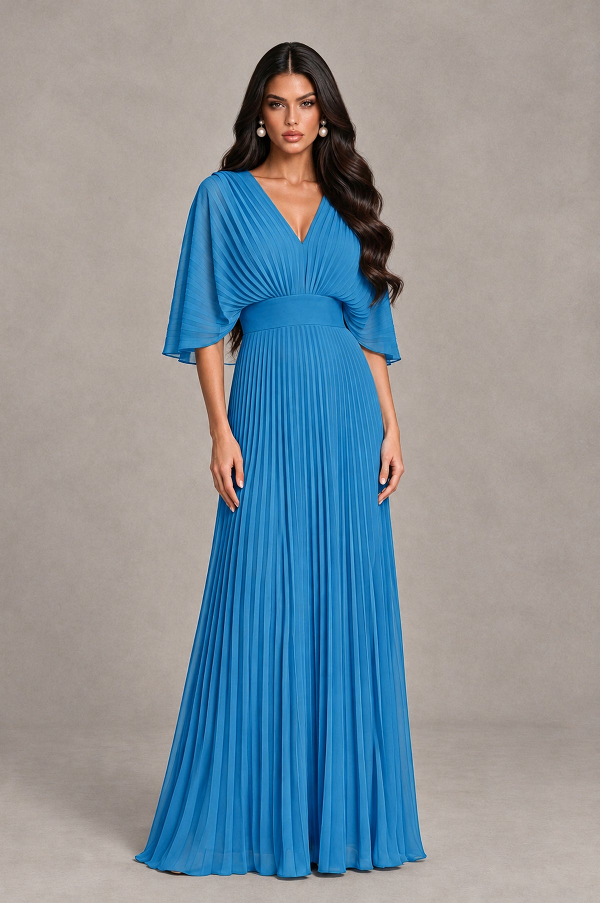 BOLODOO Blue V-Neck Pleated Flutter Sleeve Formal Dress - Blue - Blue_1