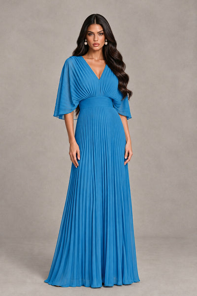 BOLODOO Blue V-Neck Pleated Flutter Sleeve Formal Dress - Blue - Blue_1