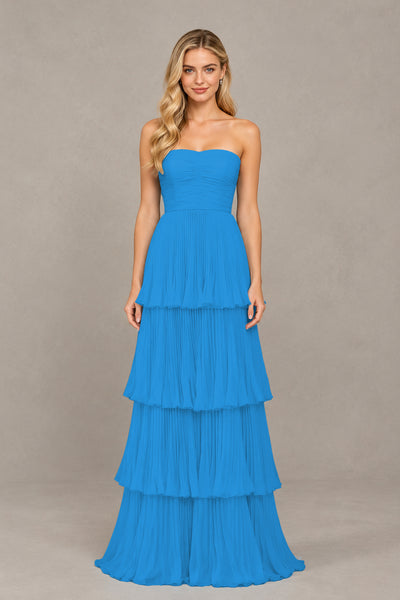 BOLODOO Blue Strapless Tiered Chiffon Maxi Dress - Blue