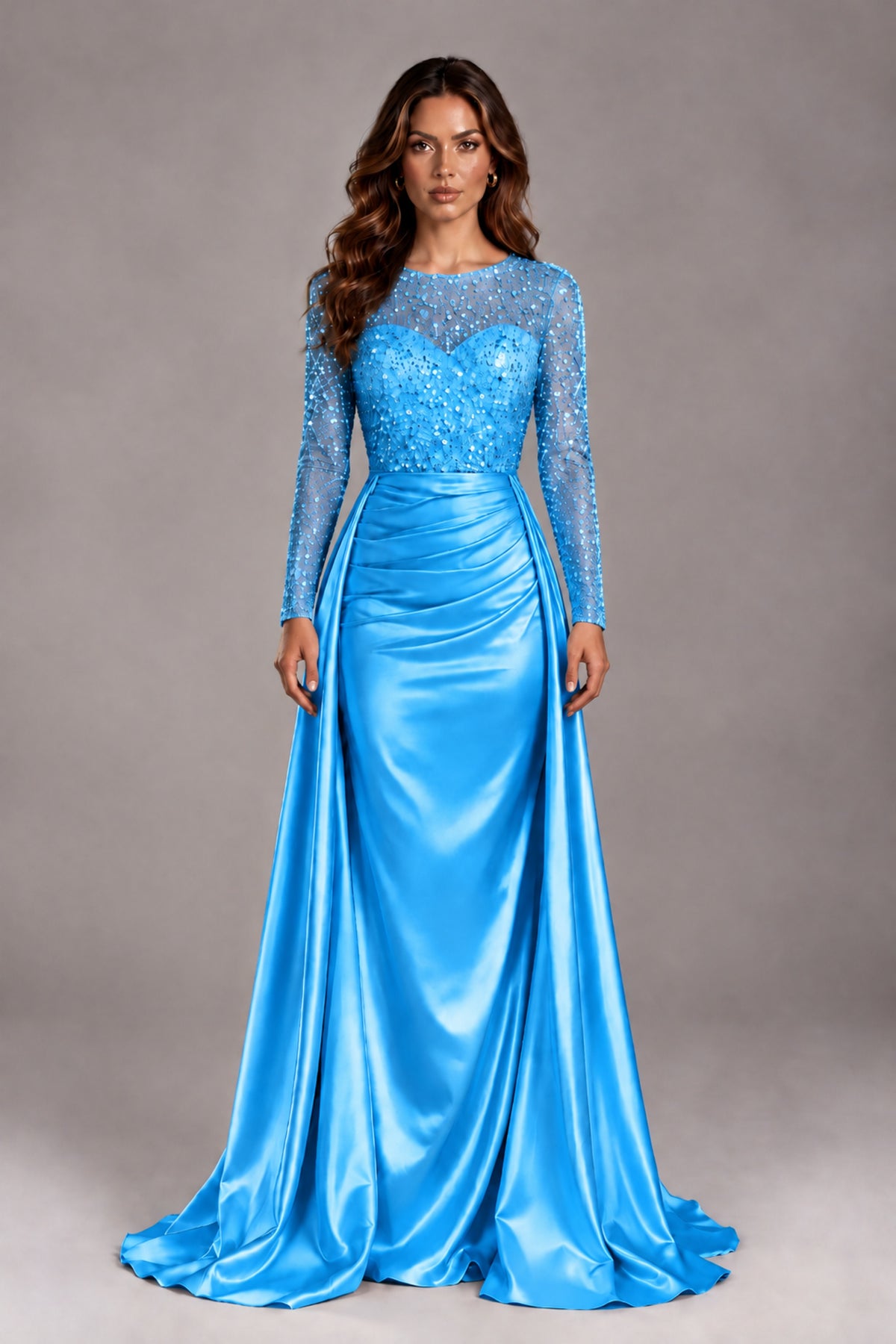 BOLODOO Blue Long Sleeve Embellished Satin Evening Gown with Sweep Train - Blue - Blue_1