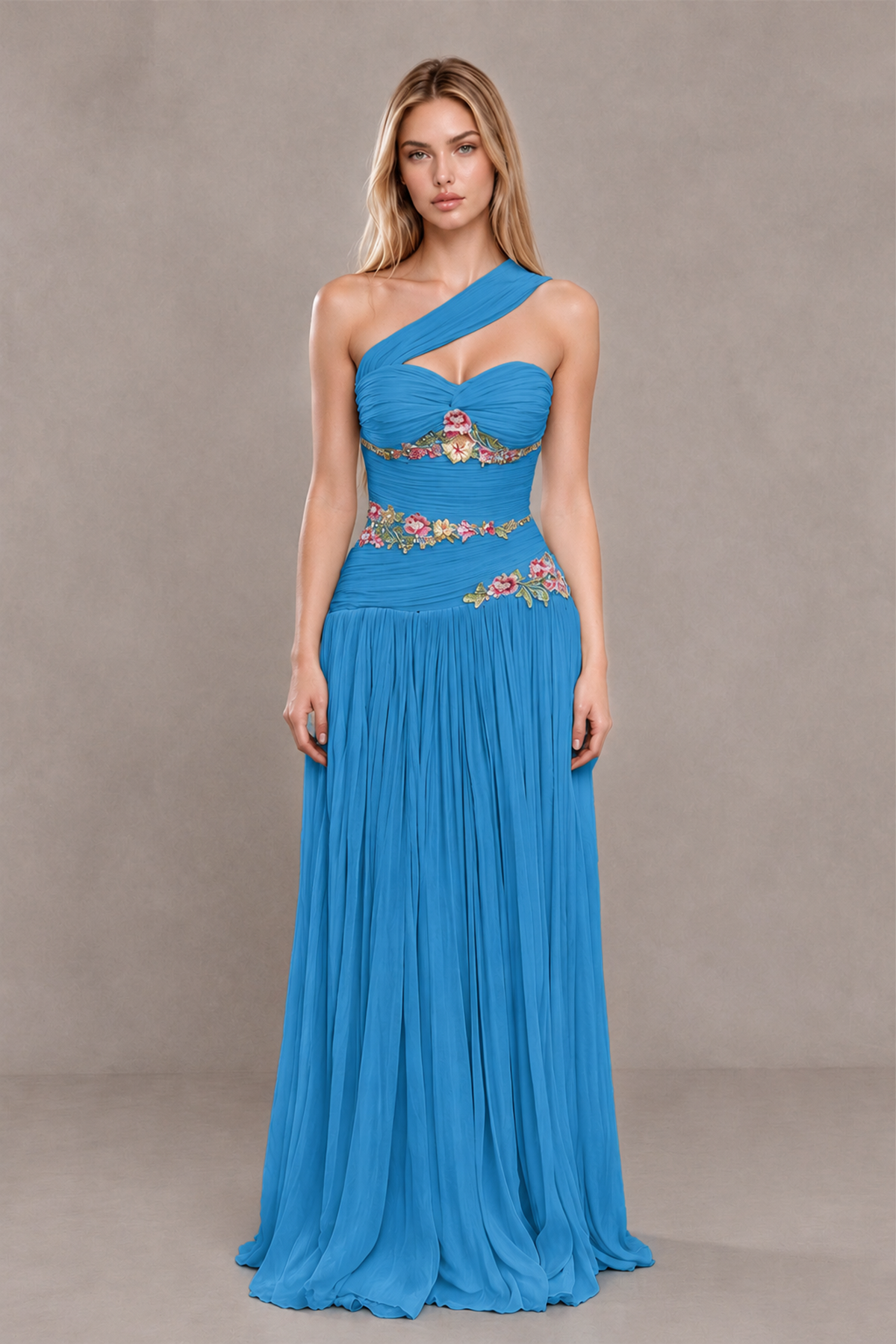 BOLODOO Blue One-Shoulder Floral Applique A-Line Evening Dress - Blue - Blue_1
