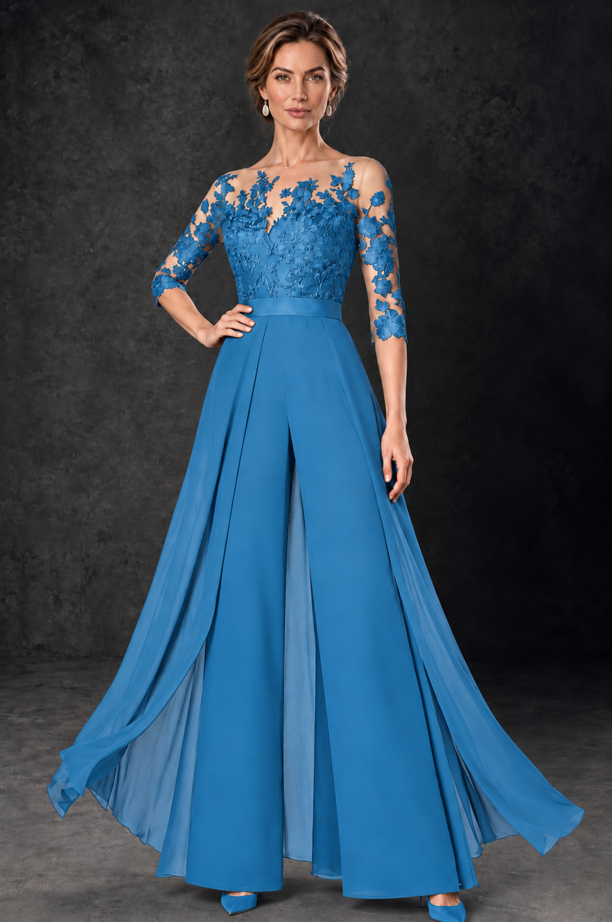 BOLODOO Blue Lace Wide-Leg Jumpsuit with Three-Quarter Sleeves - Blue - Blue_1