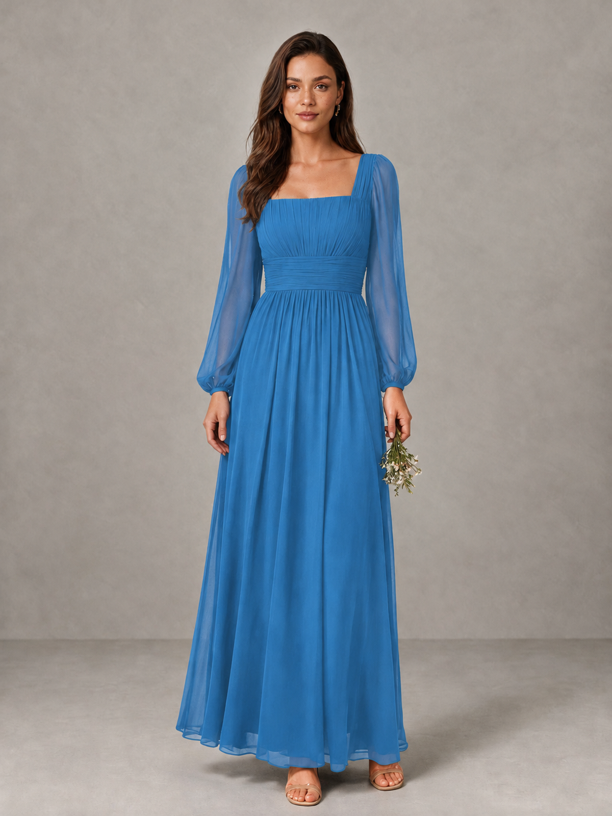 BOLODOO Blue Square Neck Long Sleeve Chiffon Bridesmaid Dress - Blue - Blue_1