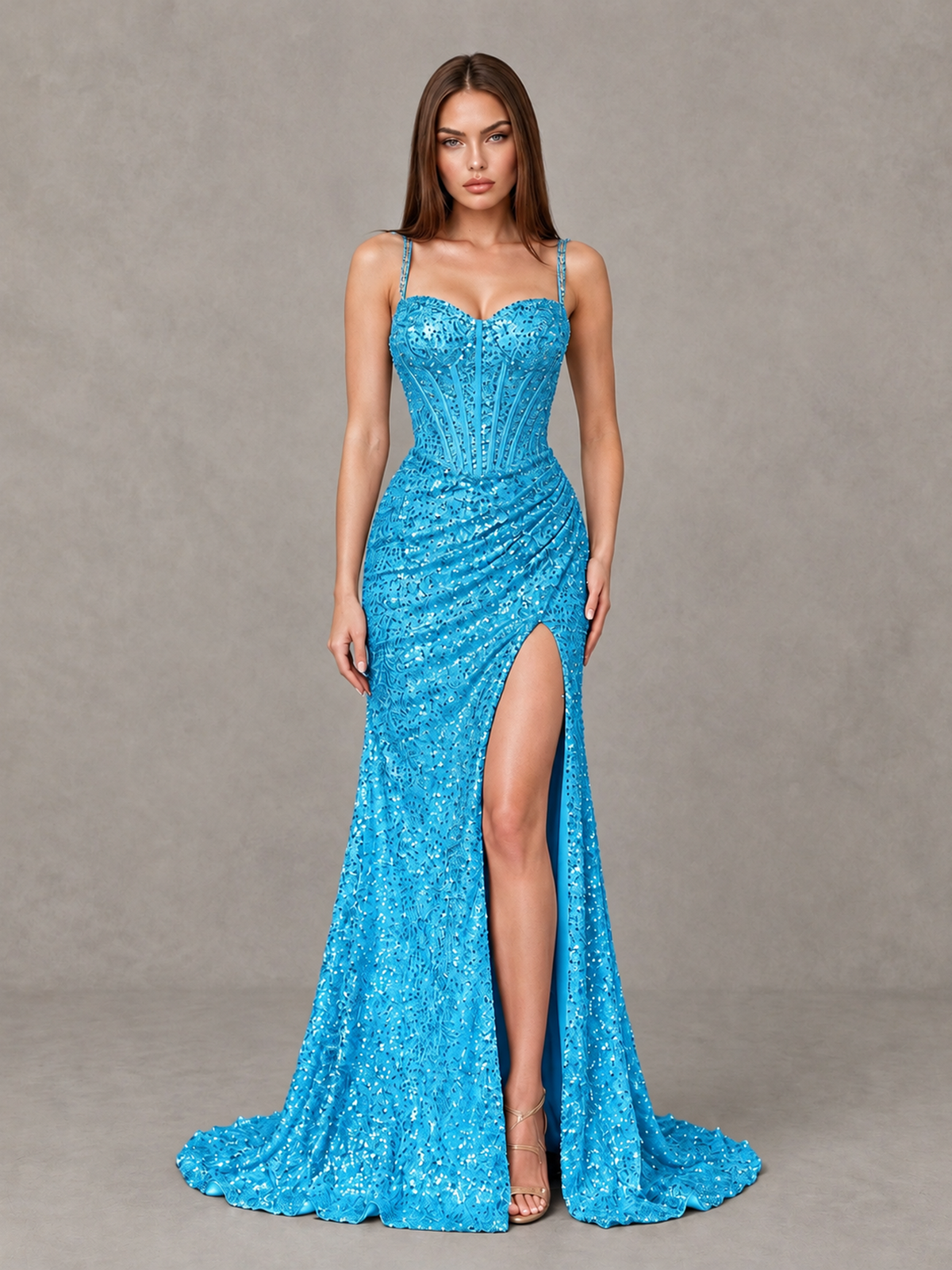 BOLODOO Blue Sequin Corset Evening Gown with High Slit - Blue - Blue_1