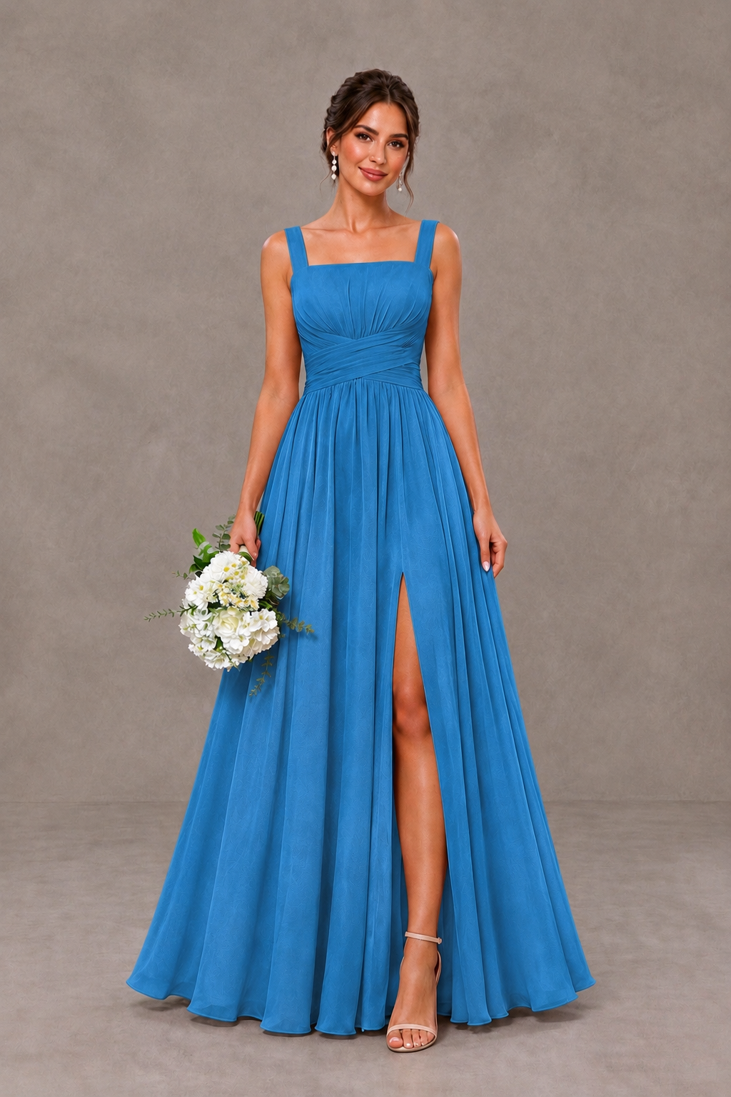 BOLODOO Blue Square Neck A-Line Bridesmaid Dress with Slit - Blue - Blue_1