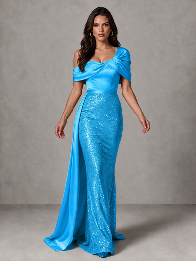 BOLODOO Blue Sequin Mermaid Evening Dress with Off-Shoulder Satin Drape and Sweep Train - Blue - Blue_1