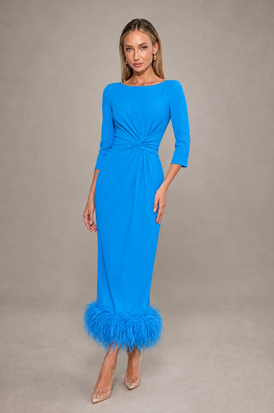 BOLODOO Blue Feather-Trim Twist-Waist Midi Dress - Blue - Blue_1