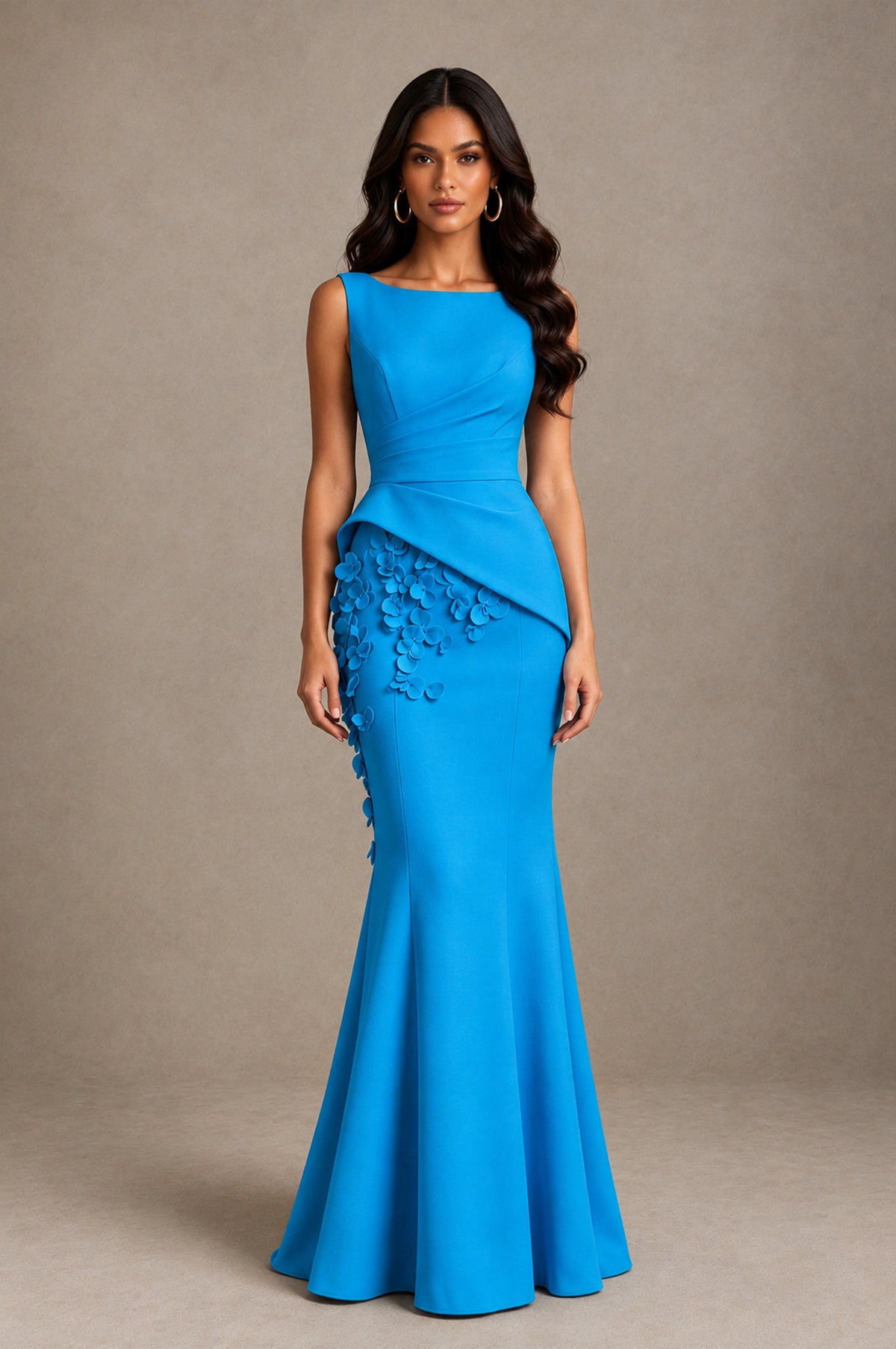 BOLODOO Blue Bateau Neck Sleeveless Asymmetric Peplum 3D Petal Appliqué Mermaid Gown BD0421 - Blue - Blue_1