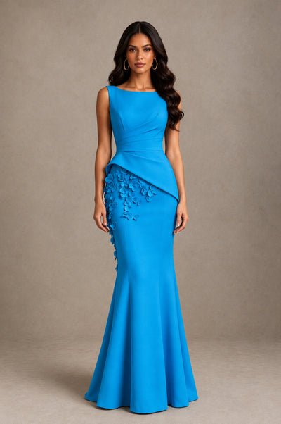 BOLODOO Blue Bateau Neck Sleeveless Asymmetric Peplum 3D Petal Appliqué Mermaid Gown BD0421 - Blue - Blue_1