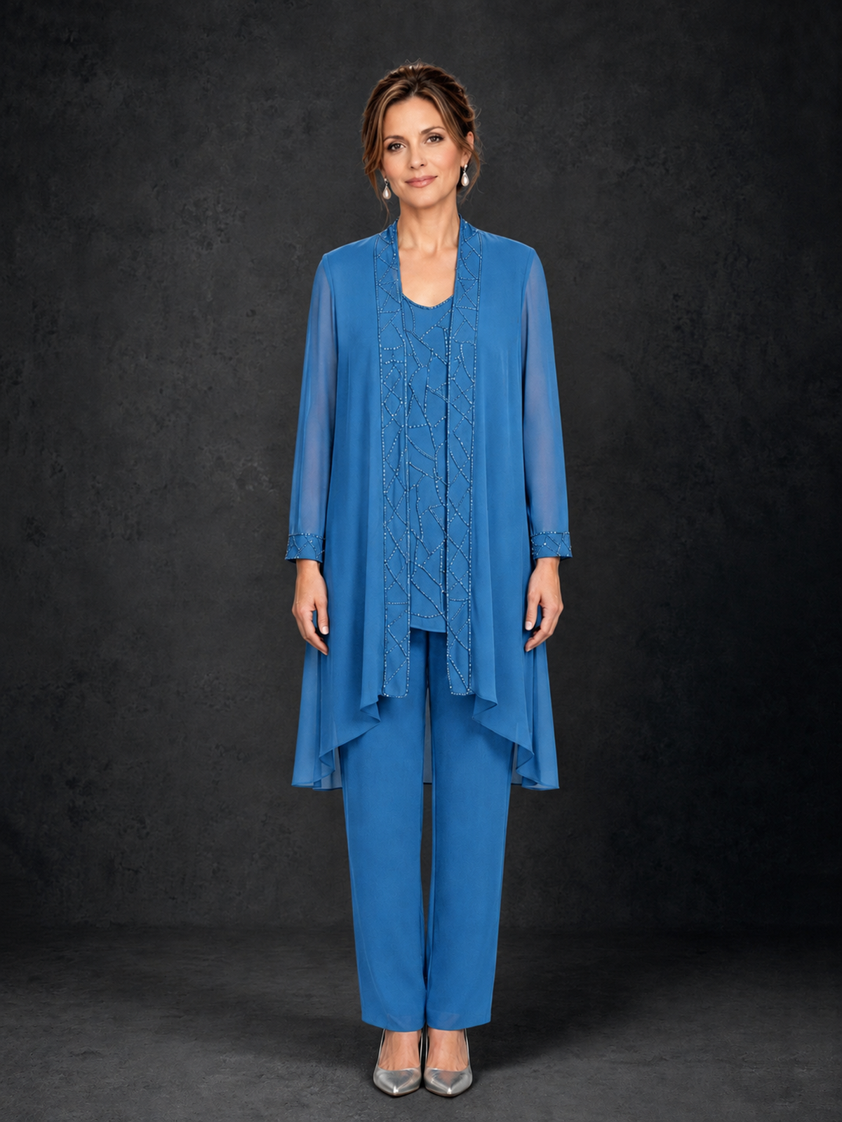 BOLODOO Blue 3-Piece Beaded Chiffon Duster Jacket Pant Suit - Blue - Blue_1